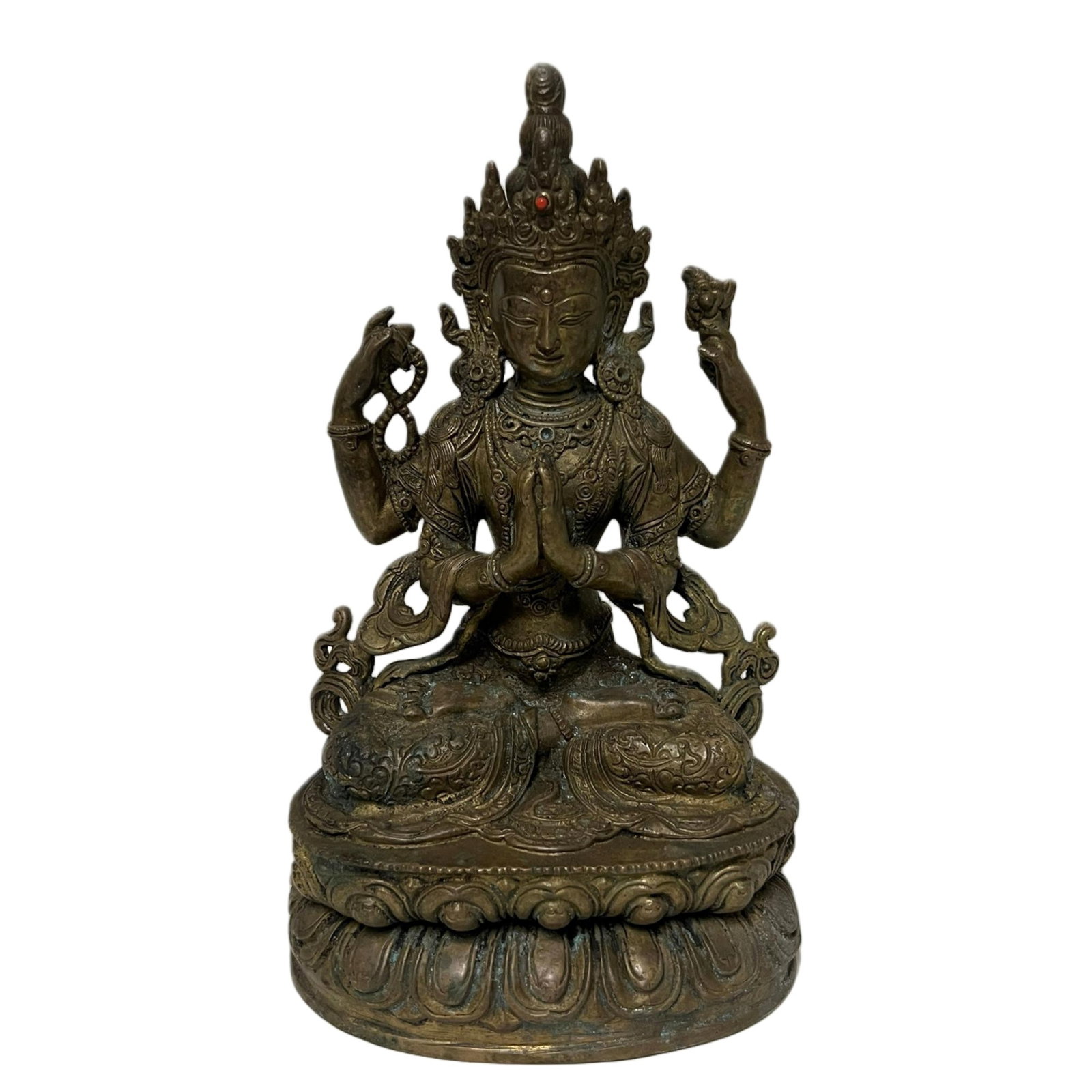A BRONZE SEATED AMITAYUS: A BRONZE SEATED AMITAYUS Finely and heavily cast seated in dhyanasana on a double-lotus base with beaded rim, wearing long flowing robes incised with detailed floral scroll borders, beaded necklaces, 
