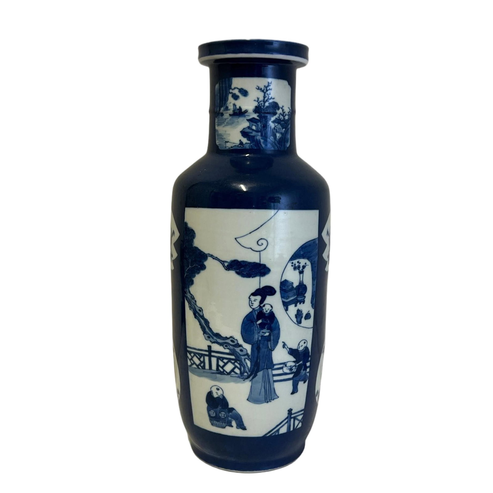 A BLUE AND WHITE ROULEAU VASE: A BLUE AND WHITE ROULEAU VASE Painted with figural story at the reserved window. FROM NEW YORK COLLECTOR. DIMENSION: H. 44 cm. A LIST OF RECOMMENDED THIRD-PARTY SHIPPER IS AVAILABLE UNDER SHIPPING INF