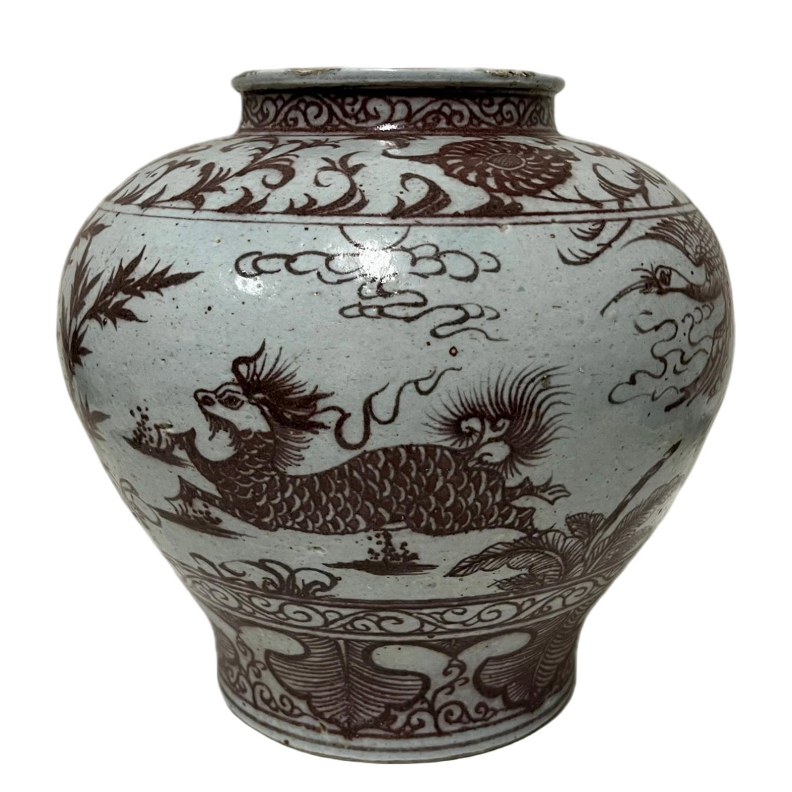 A COPPER RED KYLIN JAR: A COPPER RED KYLIN JAR Of baluster shape, painted with kylin among landscape. DIMENSION: Diam. 31 cm. A LIST OF RECOMMENDED THIRD-PARTY SHIPPER IS AVAILABLE UNDER SHIPPING INFORMATION. PLEASE FEEL FRE