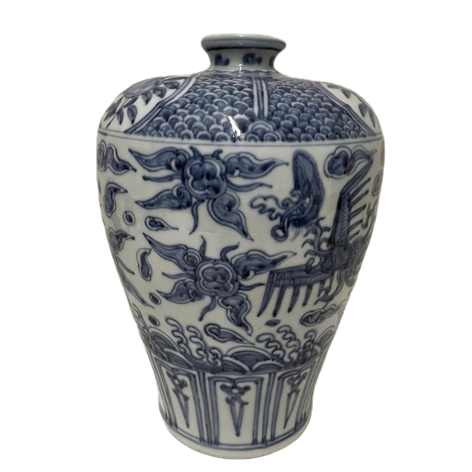 A LARGE BLUE AND WHITE VASE MEIPING: A LARGE BLUE AND WHITE VASE MEIPING Decorated with flying phoenix at the belly. FROM NEW YORK COLLECTOR. DIMENSION: H. 35 cm. A LIST OF RECOMMENDED THIRD-PARTY SHIPPER IS AVAILABLE UNDER SHIPPING INFO