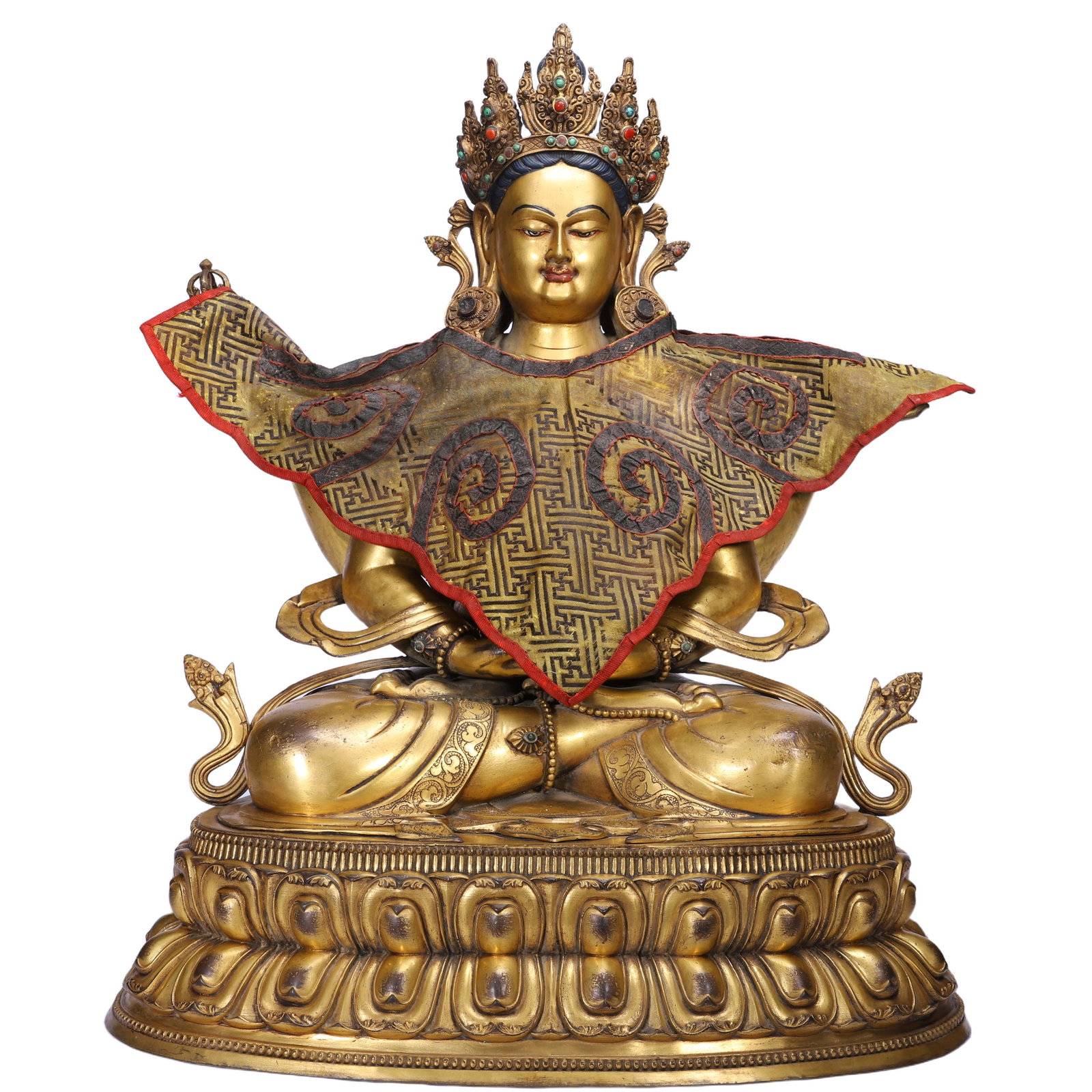 A BRONZE-GILT FIGURE OF AMITAYUS: A BRONZE-GILT FIGURE OF AMITAYUS Finely and heavily cast seated in dhyanasana on a double-lotus base with beaded rim, wearing long flowing robes incised with detailed floral scroll borders, beaded