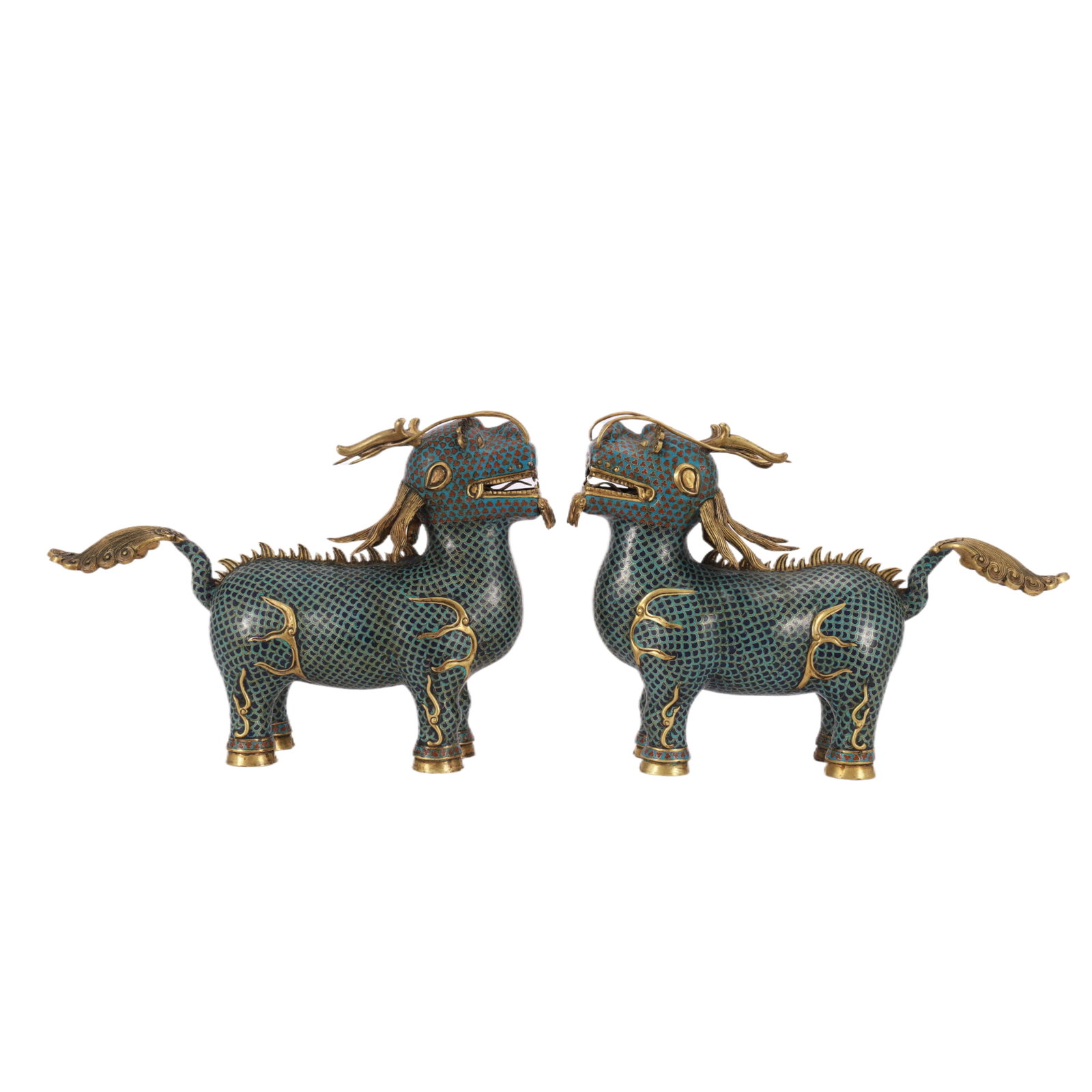 MATCHED PAIR IMPERIAL CLOISONNE ENAMEL KYLIN: MATCHED PAIR IMPERIAL CLOISONNE ENAMEL KYLIN The Qilin is a mythical creature in Chinese culture, also described as the ?Chinese Unicorn?. it normally has two horns but may have one or three and a dee