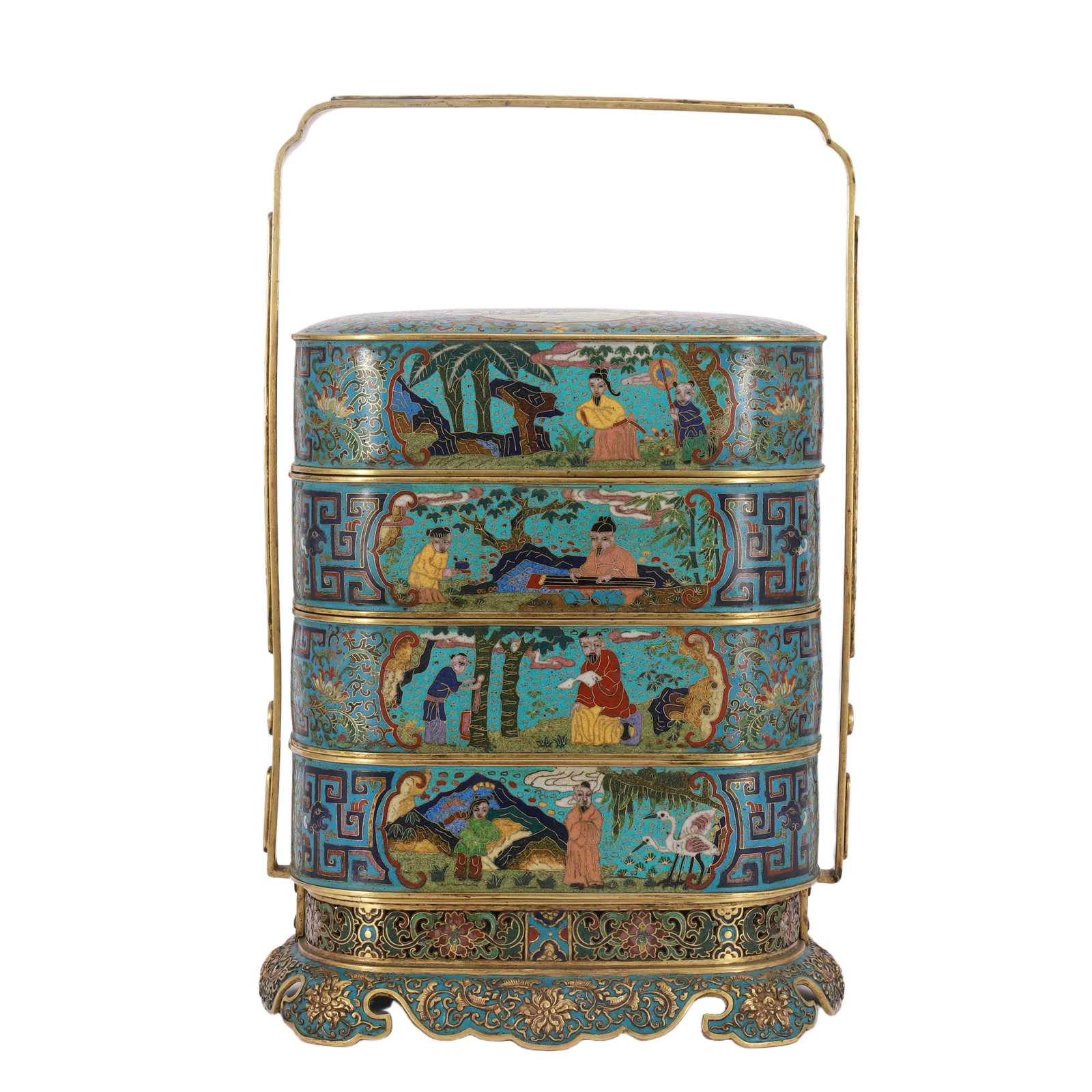 A CLOISONNE ENAMEL FIGURAL STORY PICNIC BOX (1 of 13)