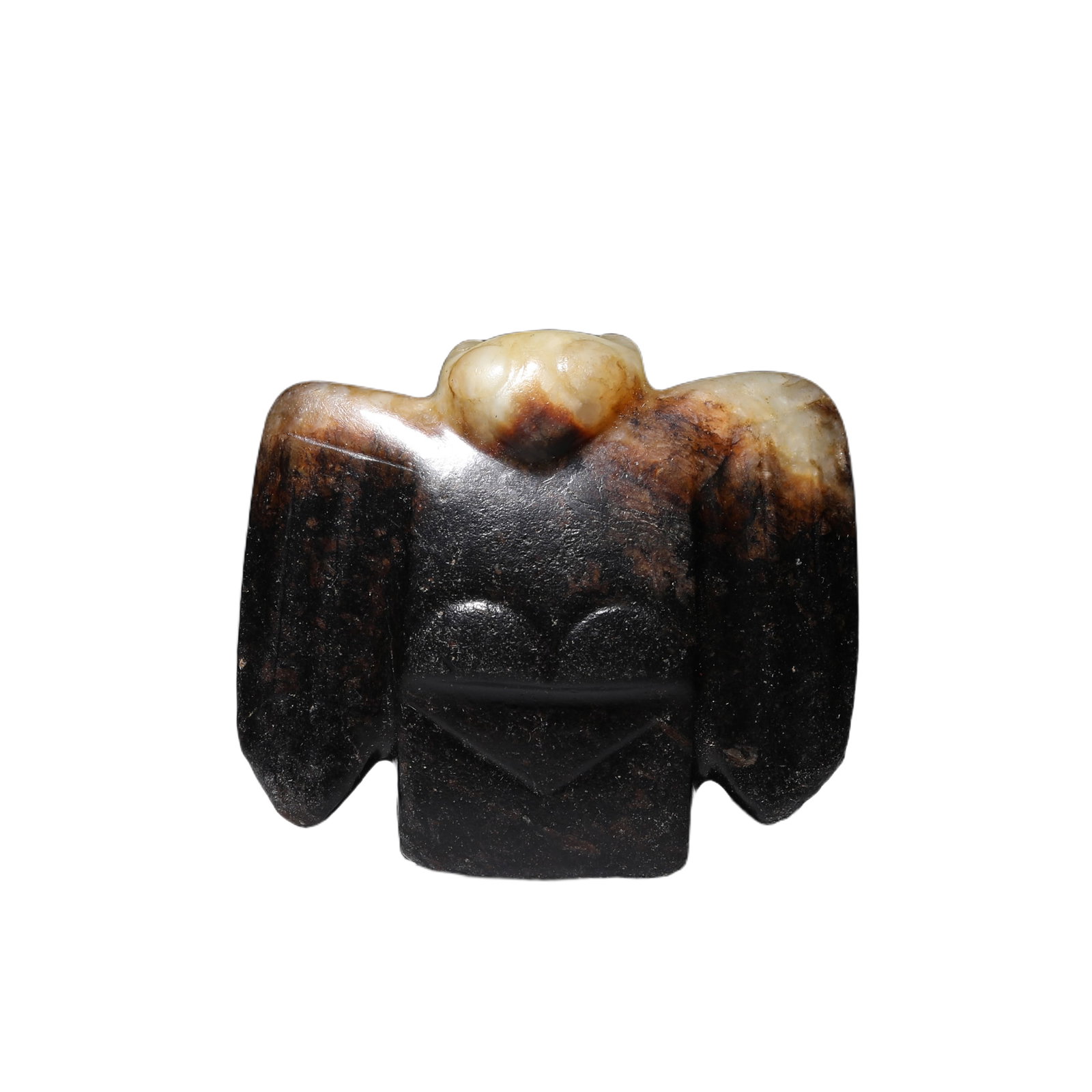 A CARVED JADE FALCON: A CARVED JADE FALCON The flattened pendant is carved in the form of a bird with a rounded head and outspread wings incised with vertical parallel lines. DIMENSION: 6.2x5.5x1.4cm A LIST OF RECOMMENDED 