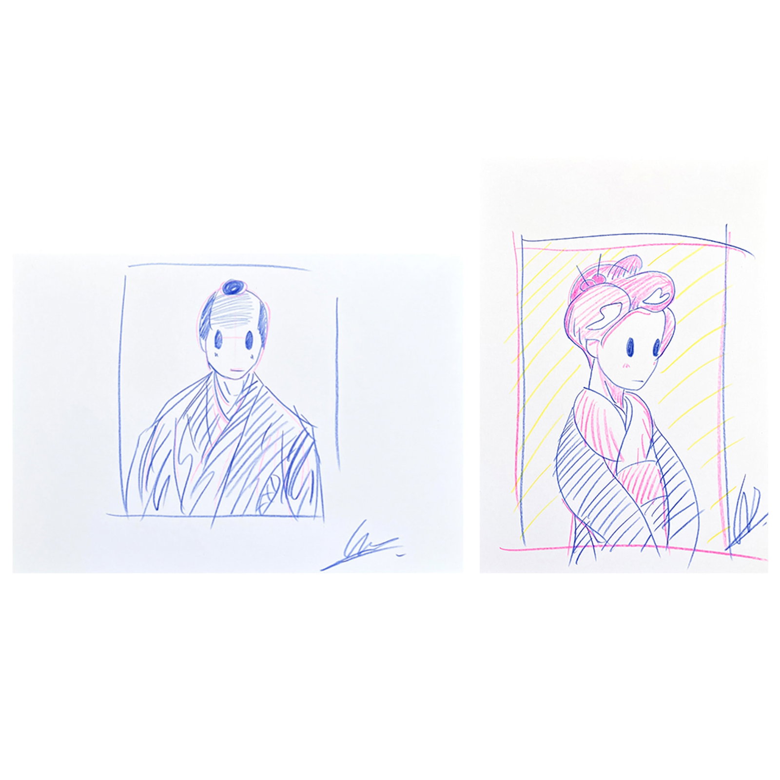 TWO SKETCH ES SIGNED TAKERU AMANO: TWO SKETCH ES SIGNED TAKERU AMANO Signed by the artist on the lower right; pencil on paper. DIMENSION: Image only: 21cmx29.7cmx2; A LIST OF RECOMMENDED THIRD-PARTY SHIPPER IS AVAILABLE UNDER SHIPPING 