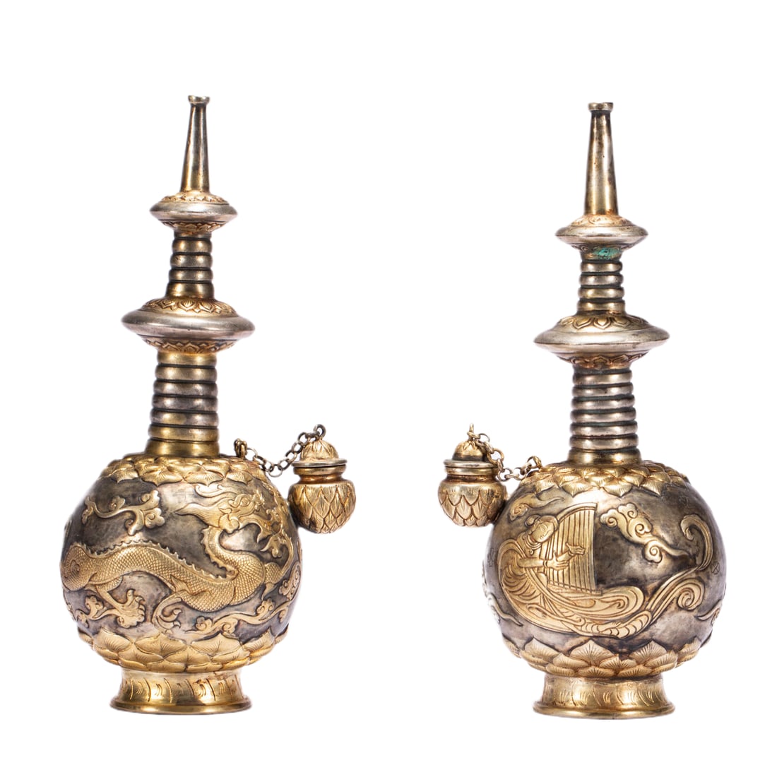 PAIR BRONZE PARTLY GILT HOLY WATER VASE (1 of 10)