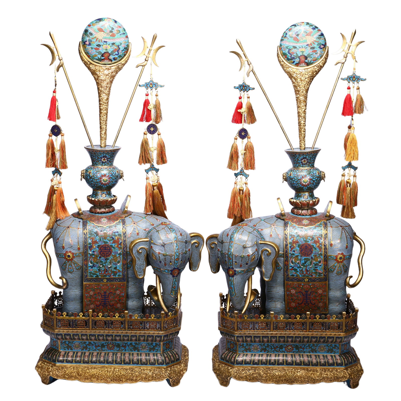 MATCHED PAIR RARE CLOISONNE ENAMEL ELEPHANT SPILL VASE: MATCHED PAIR RARE CLOISONNE ENAMEL ELEPHANT SPILL VASE The elephant is an auspicious symbol which is used in numerous rebuses to convey peace, prosperity and good fortune. In Buddhism, elephants are r