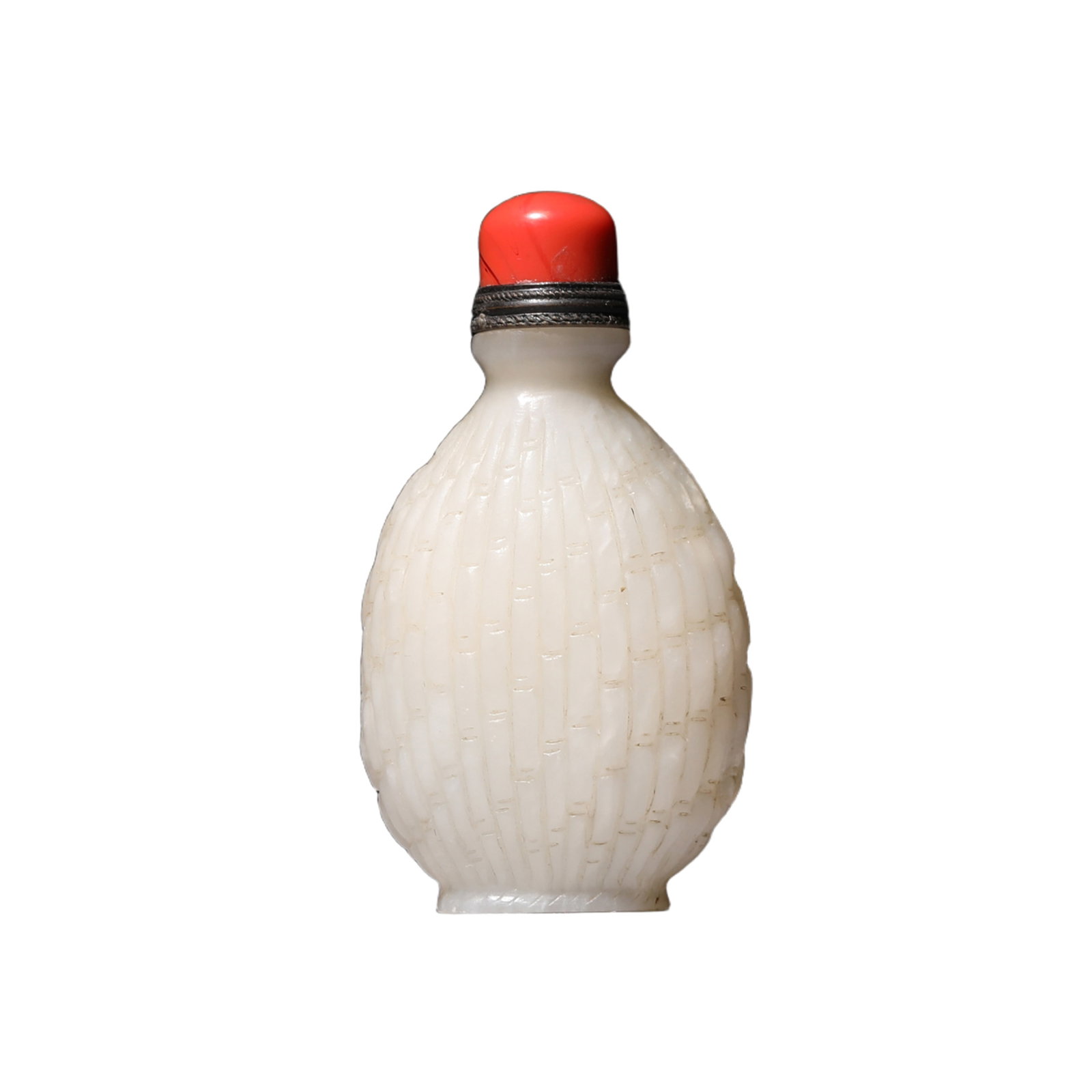 A CARVED WHITE JADE SNUFF BOTTLE: A CARVED WHITE JADE SNUFF BOTTLE Of pear shape, carved bamboo stems at the exterior, hollowed inside, with matched stopper. DIMENSION: 6.6x3.6x2.3cm A LIST OF RECOMMENDED THIRD-PARTY SHIPPER IS