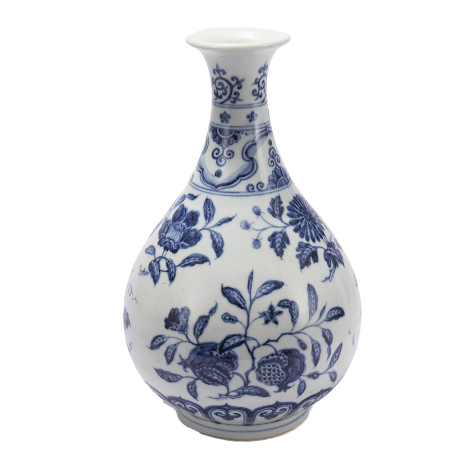 A BLUE AND WHITE PORCELAIN VASE YUHUCHUNPING: A BLUE AND WHITE PORCELAIN VASE YUHUCHUNPING The vase is painted in underglaze blue with chrysanthemum, pomegranate and peaches, surrounded by classic scrolls. DIMENSION: L. 18.5 cm. H. 30.5 cm. A