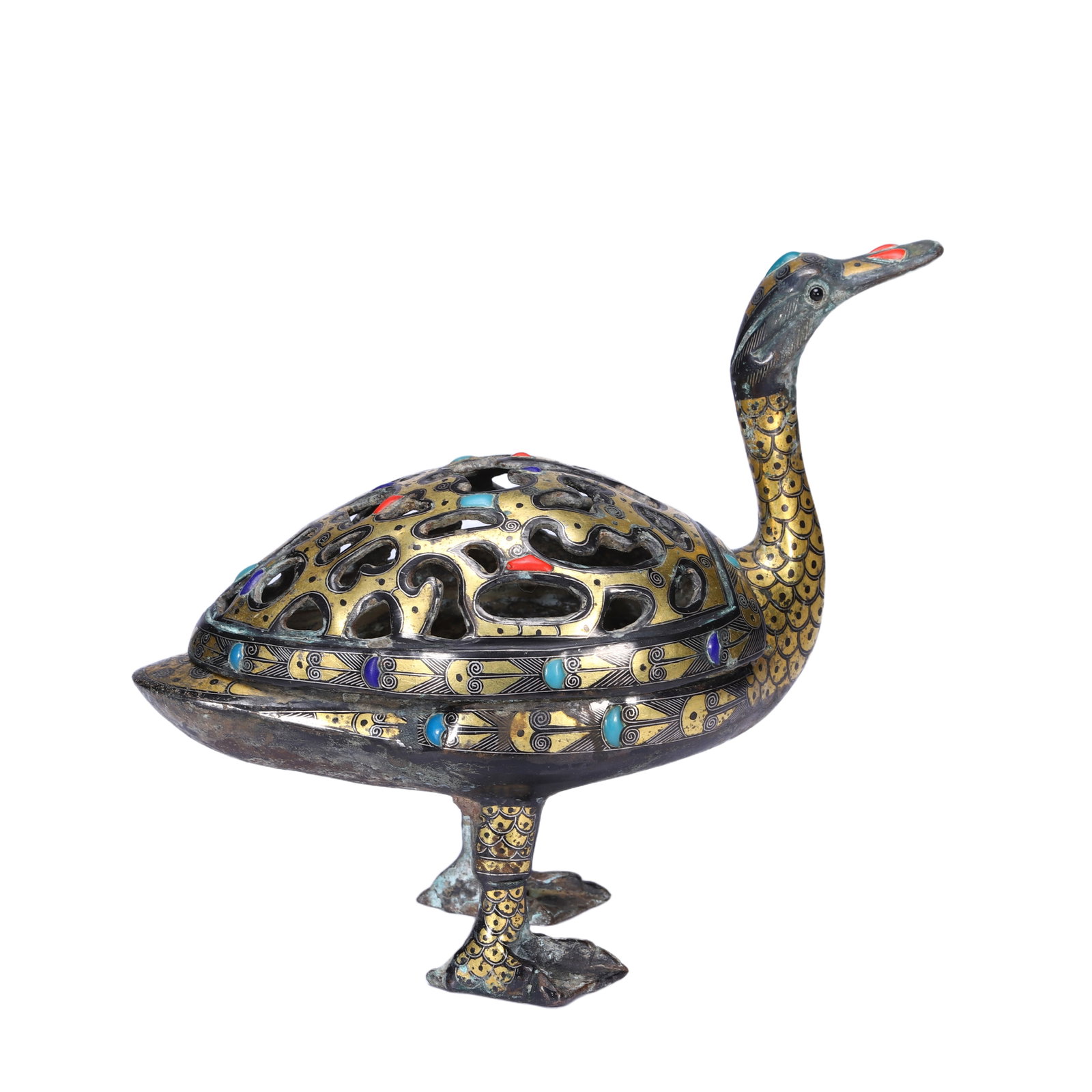 A RARE HARDSTONES DECORATED AND GOLD INLAID BRONZE INCENSE BURNER WITH COVER: A RARE HARDSTONES DECORATED AND GOLD INLAID BRONZE INCENSE BURNER WITH COVER Modelled standing with its neck raised and mouth close, the cover punctuated with hardstones. DIMENSION: L. 17.5 cm. W. 8