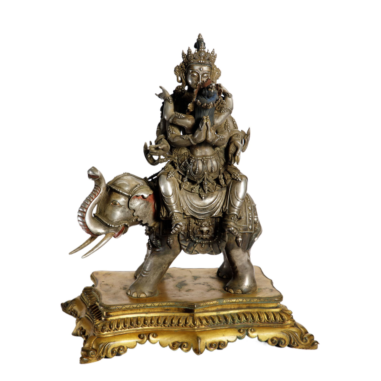 A VERY RARE SILVER FIGURE OF BODHISATTVA: A VERY RARE SILVER FIGURE OF BODHISATTVA The face with downcast expression, incised eyebrows and eyes, urna, smiling lips, aquiline nose, elongated earlobes with circular ear rings, five-leaf crown,