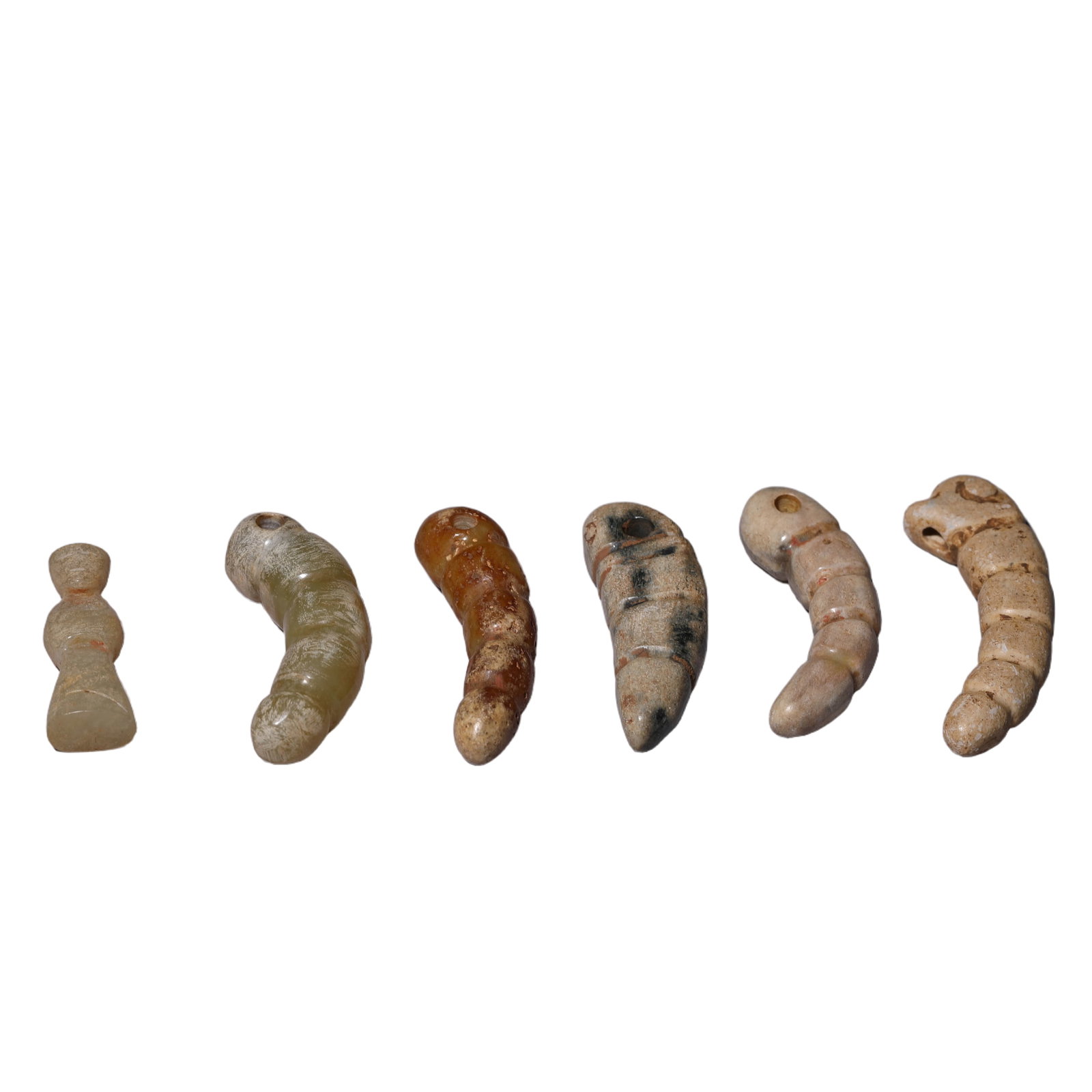 A GROUP OF SIX CARVED SILK WORM PENDANT WITH FIGURE WENGZHONG: A GROUP OF SIX CARVED SILK WORM PENDANT WITH FIGURE WENGZHONG The arched pendant is carved in the form of a silk worm with grooved sections to the body. DIMENSION: Size varies, around 3.8x1.2x0.6cm A