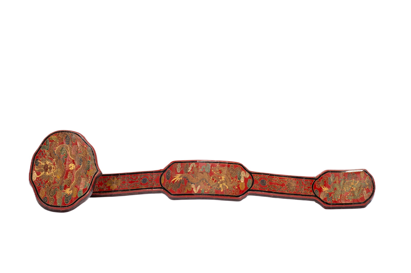 A POLYCHROME PAINTED LACQUER RUYI SCEPTER: A POLYCHROME PAINTED LACQUER RUYI SCEPTER Ruyi scepters were popular in the 18th and 19th centuries, particularly to be given as gifts on auspicious occasions such as birthdays. They were made in a