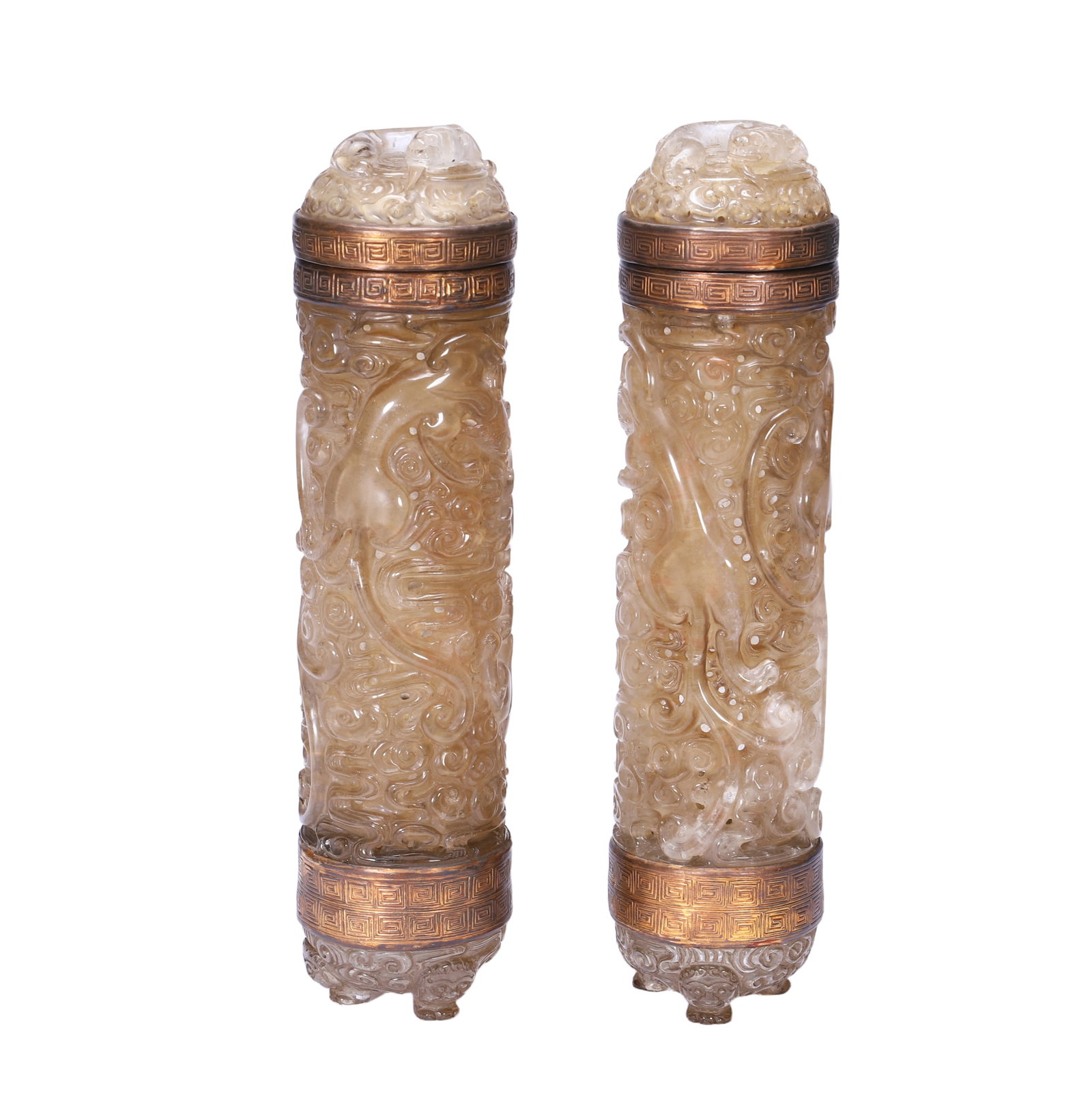 PAIR FINE CARVED ROCK CRYSTAL INCENSE HOLDERS: PAIR FINE CARVED ROCK CRYSTAL INCENSE HOLDERS Each of cylindrical shape, carved chilong group and clouds at the exterior, surmounted with carved dome cover. DIMENSION: L. 23 cm. Weight 1280 grams. A