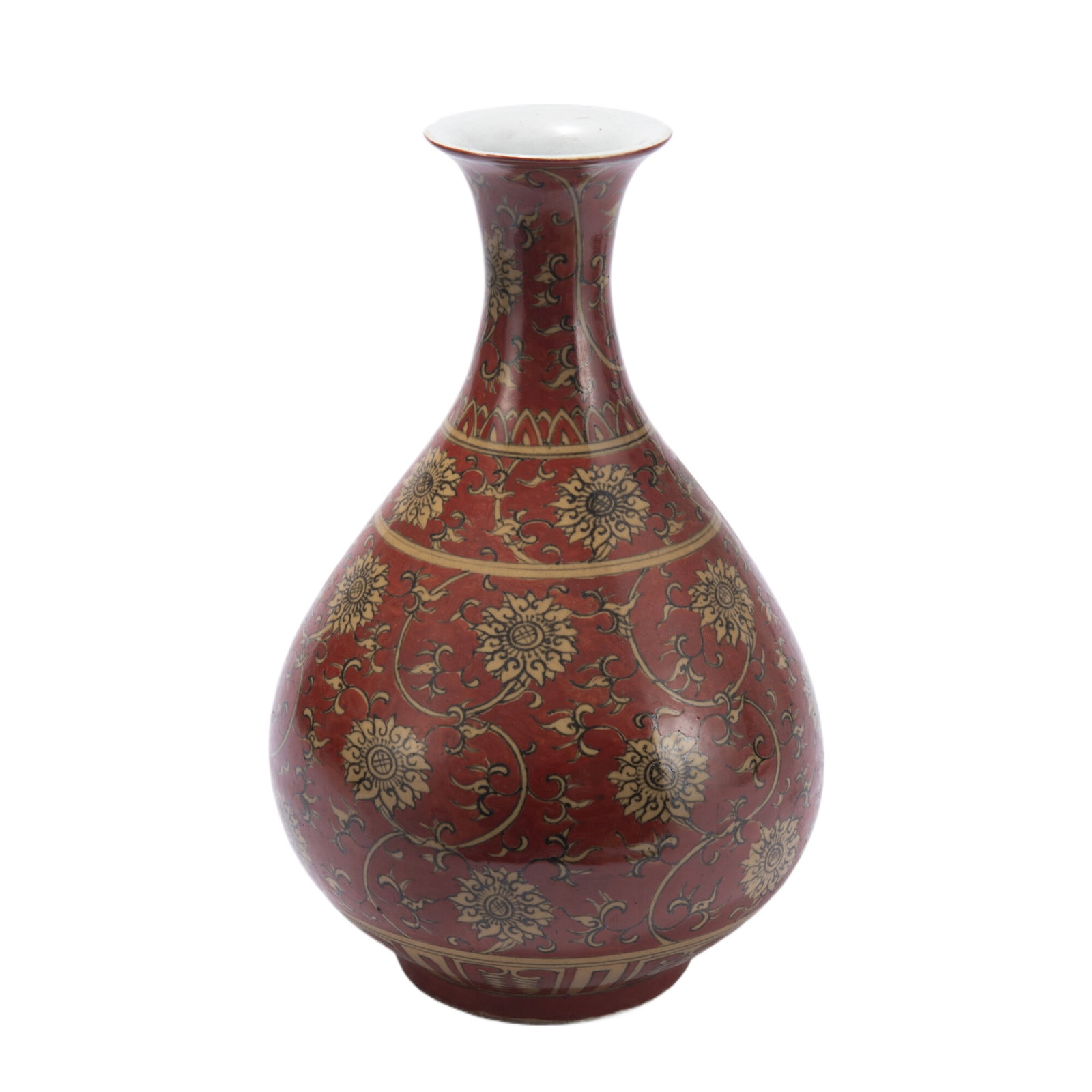 A CHINESE RED AND YELLOW ENAMELED VASE YUHUCHUNPING: A CHINESE RED AND YELLOW ENAMELED VASE YUHUCHUNPING Rising from a slightly splayed foot to a high-shoulder body blow a short, waisted neck, painted lotus head and tendrils at the exterior. DIMENSION:
