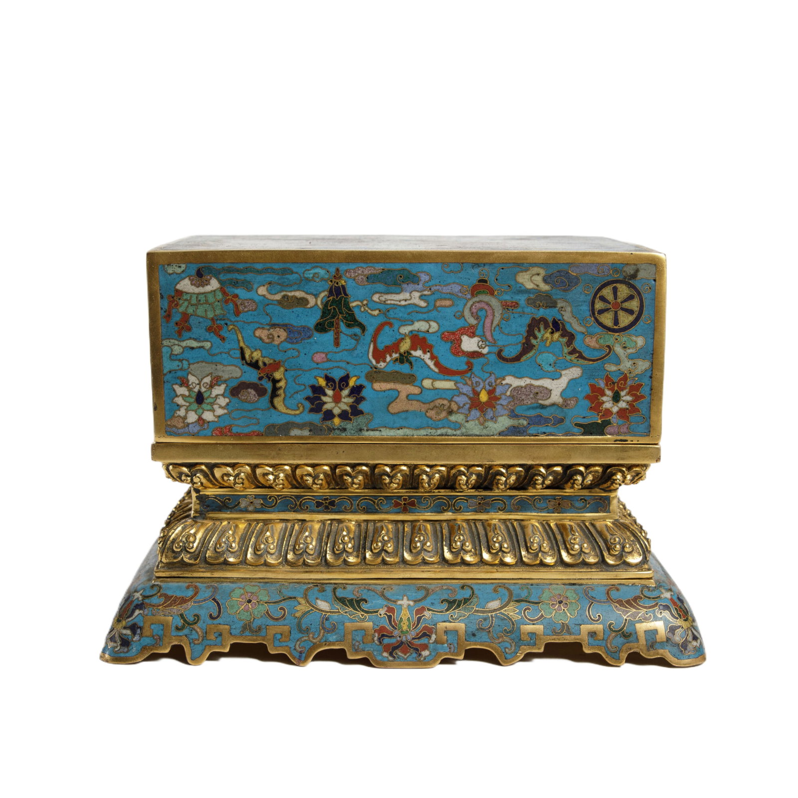 A CLOISONNE ENAMEL BOX WITH COVER: A CLOISONNE ENAMEL BOX WITH COVER Of rectangular shape, decorated with auspicious symbols against turquoise ground. DIMENSION: L. 24 cm. W. 18 cm. H. 16.5 cm. Weight 3290 grams. A LIST OF RECOMMENDED