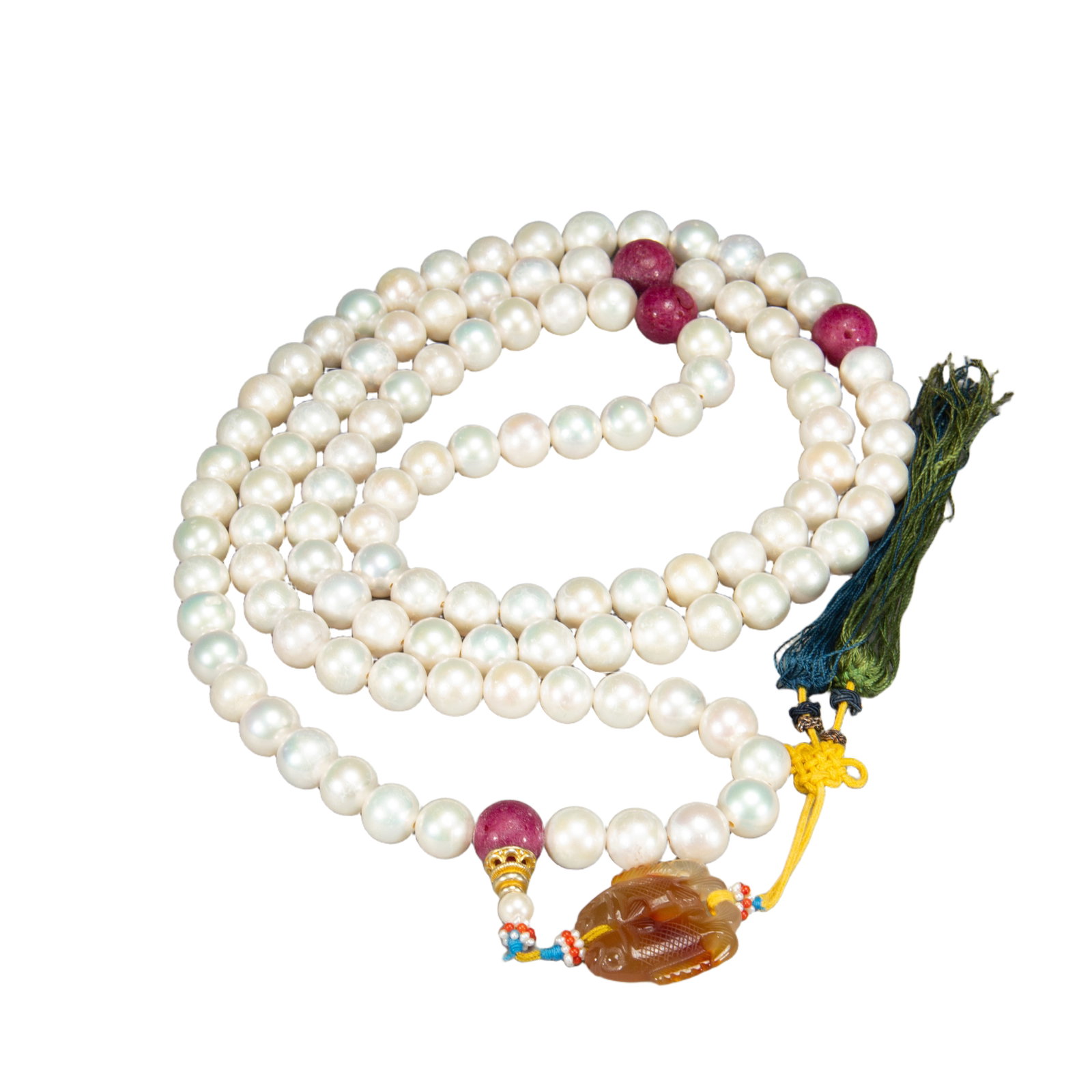 A CHINESE PEARL ROSARY CHAOZHU: A CHINESE PEARL ROSARY CHAOZHU The necklace is comprised of hundred spherical pearl beads, spaced by four larger fotou ruby like beads. A double gourd-form stone fotouta and double fishes pendant