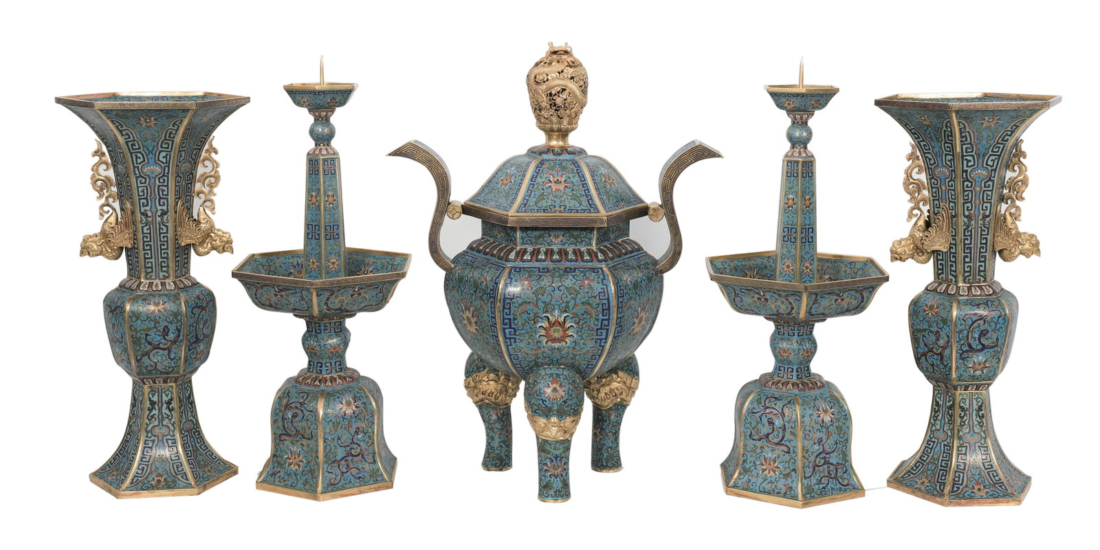 AN IMPORTANT CLOISONNE ENAMEL FIVE-PIECE GARNITURE, WUGONG: AN IMPORTANT CLOISONNE ENAMEL FIVE-PIECE GARNITURE, WUGONG The garniture is comprised of a censer and cover which is raised on four legs issuing from monster masks; a pair of candlesticks with