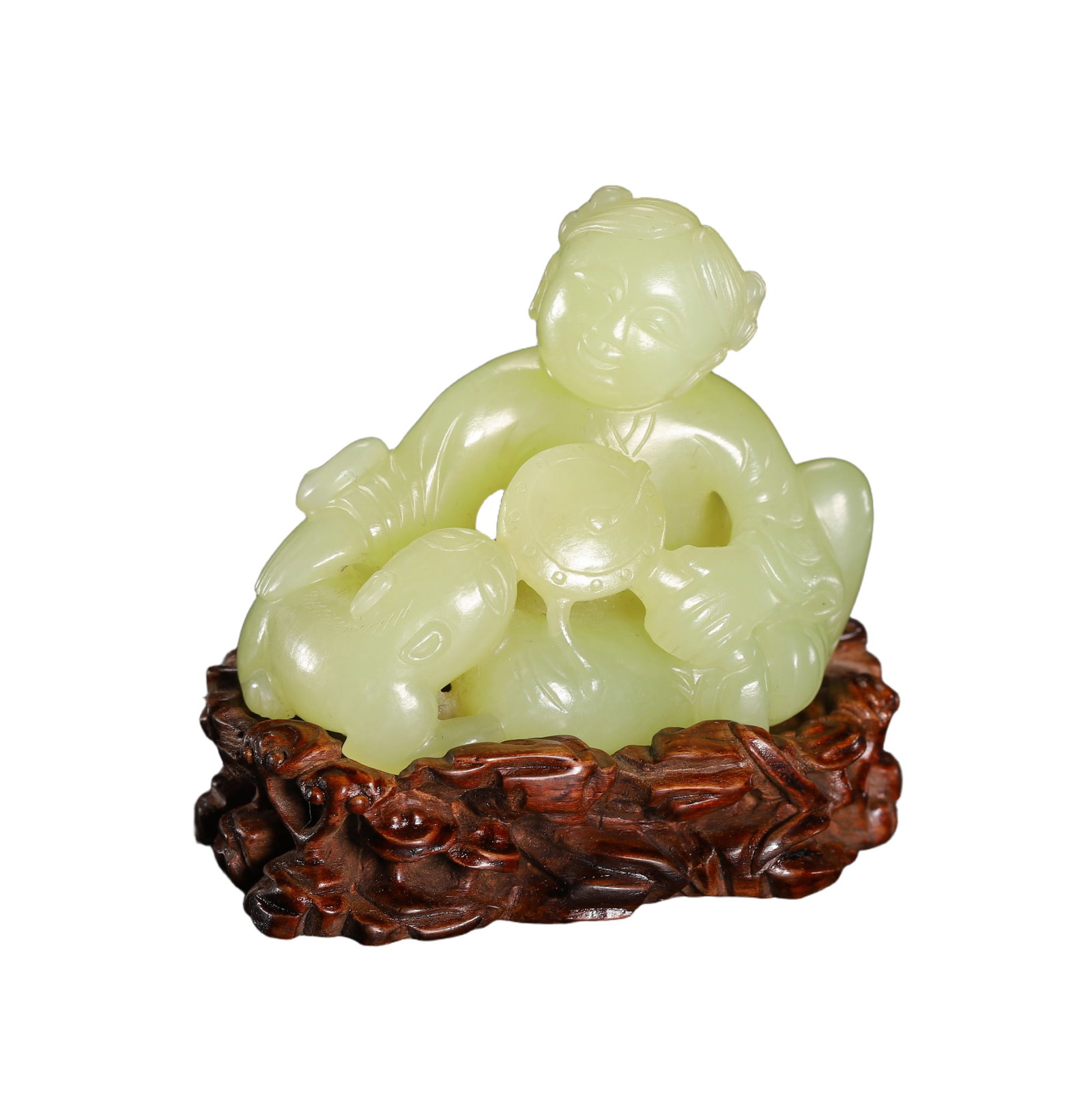 A CARVED YELLOW JADE BOY WITH BEAST: A CARVED YELLOW JADE BOY WITH BEAST Based on Qing court archival records, Emperor Qianlong had exacting aesthetic standards in relation to scholar items made of yellow jade. He preferred a plain