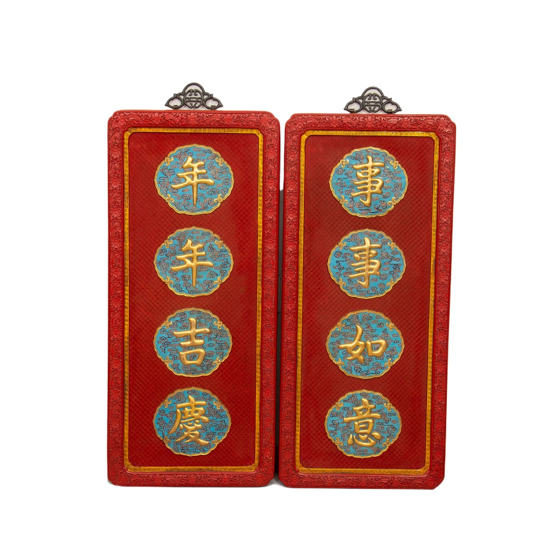 PAIR FINE CLOISONNE ENAMEL PLAQUES INLAID CINNABAR LACQUER HANGING PANELS: PAIR FINE CLOISONNE ENAMEL PLAQUES INLAID CINNABAR LACQUER HANGING PANELS Each panel inlaid with cloisonne enamel plaques, inscribed auspicious characters at the surface. DIMENSION: L. 38 cm. W. 85