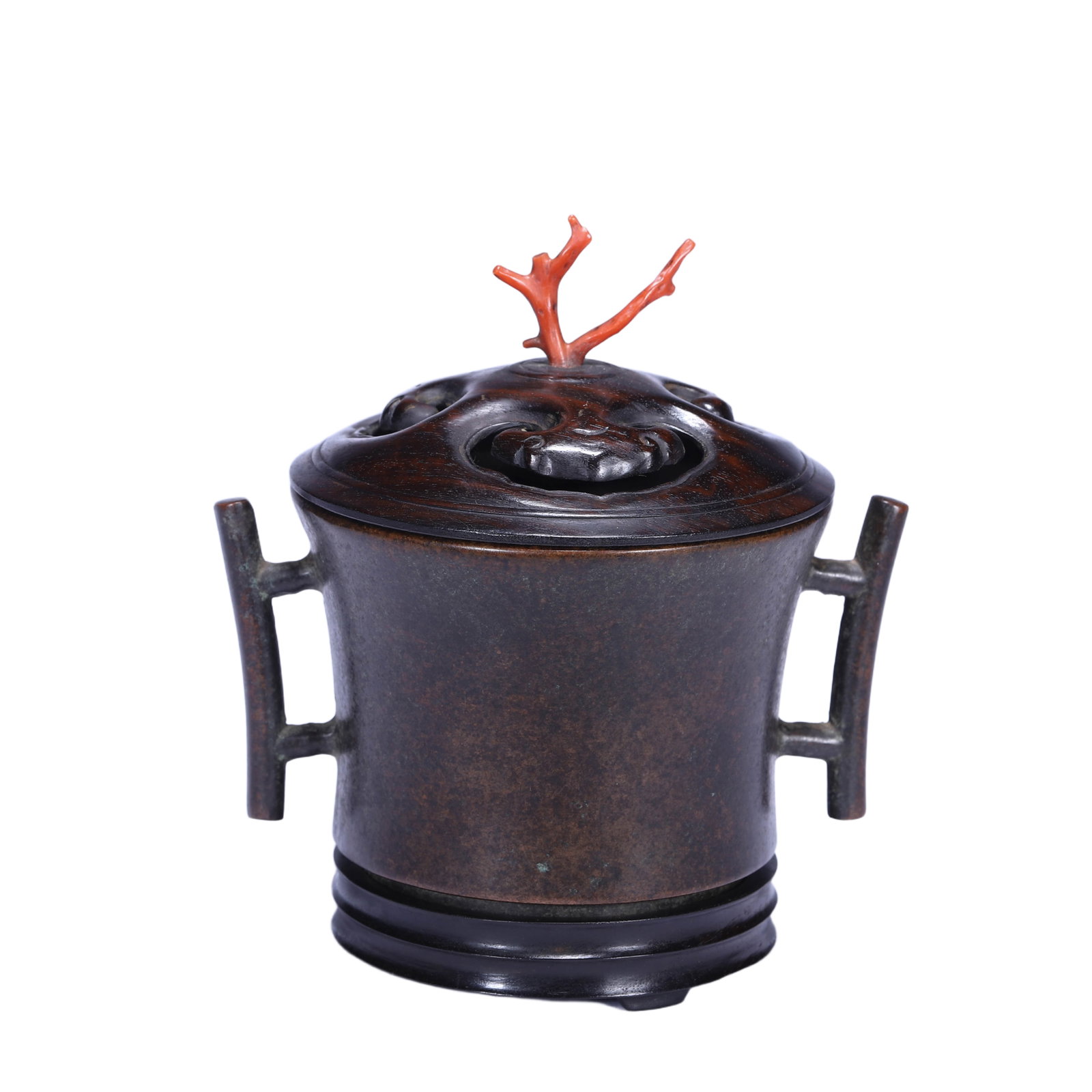 A BRONZE CENSER WITH COVER: A BRONZE CENSER WITH COVER The tapered vessel flanked with pair f-form handles, surmounted with dome cover ended with gem finial. DIMENSION: L. 12.5 cm. W. 9.5 cm. H. 13 cm. Weight 870 grams. A LIST O