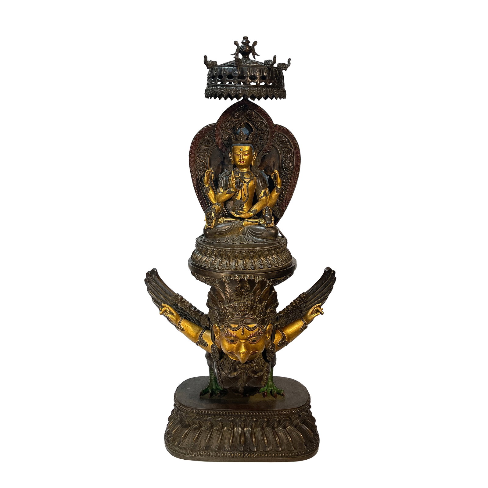 A SINO-TIBETAN BRONZE-GILT TARA: A SINO-TIBETAN BRONZE-GILT TARA The bodhisattva?s hair is swept back into a topknot beneath the crown, and long plaits cascade down the shoulders. The face has downcast eyes and a serene expression. T
