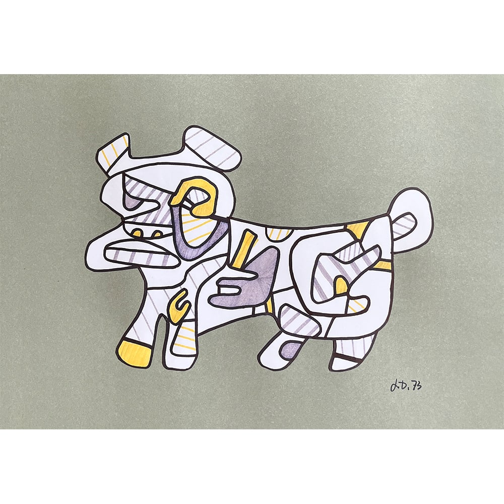CHIEN DOG SIGNED JEAN DUBUFFET: CHIEN DOG SIGNED JEAN DUBUFFET Felt-tip pen on paper collage on card. Signed with the artist's initials and dated 'J.D. 73' (lower right). DIMENSION: Image only: 41.9x29.6 cm; A LIST OF RECOMMENDED