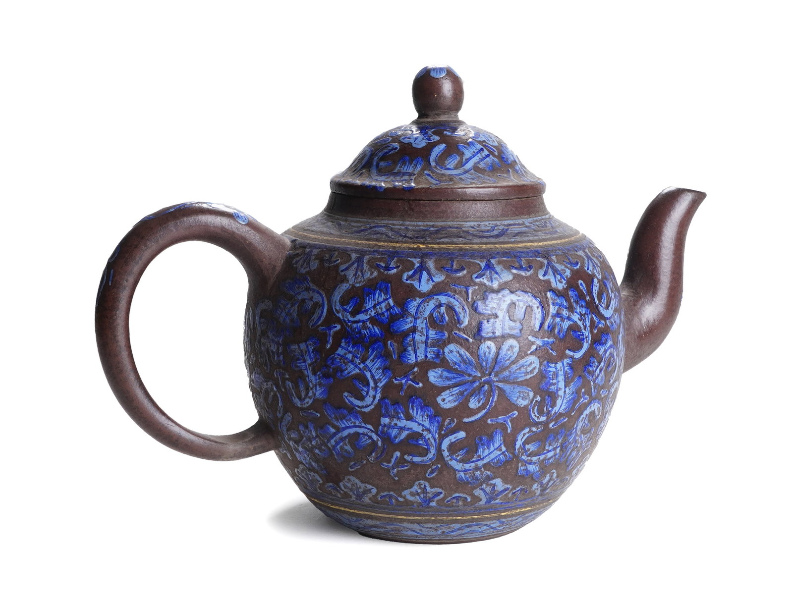 AN ENAMLED YIXING GLAZE ZISHA TEAPOT: AN ENAMLED YIXING GLAZE ZISHA TEAPOT The compressed globular teapot is carved with a curved, tapering spout and a rounded handle, and the domed cover is surmounted by a plain round finial. DIMENSION: 