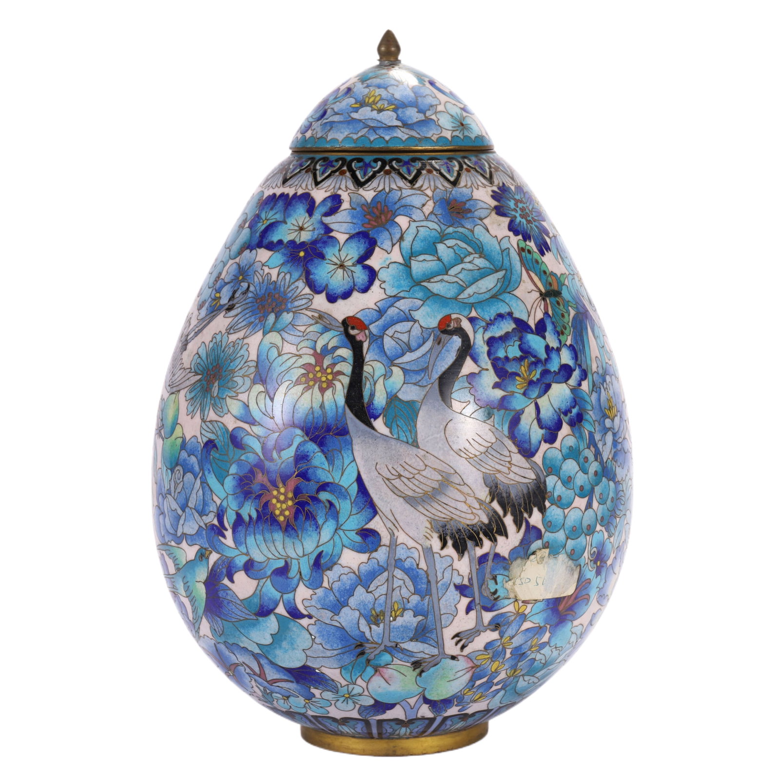 A CLOISONNE ENAMEL CRANES JAR WITH COVER: A CLOISONNE ENAMEL CRANES JAR WITH COVER Of pear shape, finely painted with cranes among flowers, surmounted with dome cover ended with bud finial. DIMENSION: Diam. 18 cm. H. 27.5 cm. A LIST OF RECOMM