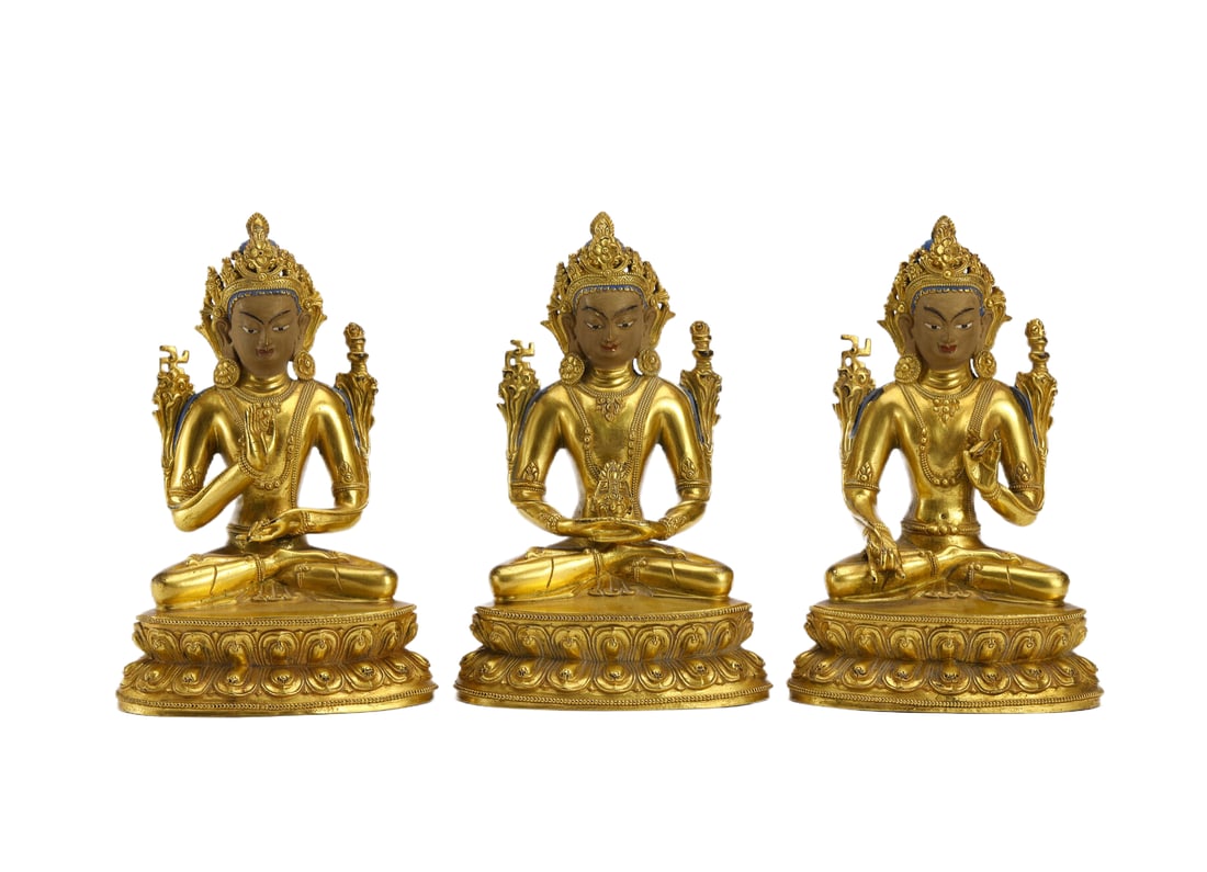 A SET OF THREE BRONZE-GILT GREAT BUDDHAS OF THE WESTERN PARADISE WORLD (1 of 14)