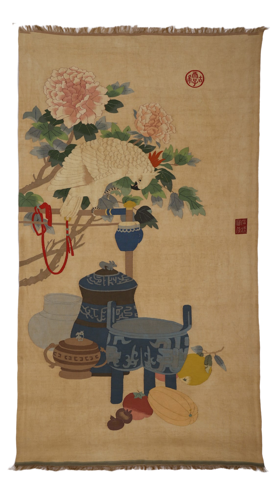 A KESI EMBROIDERED HANGING PANEL: A KESI EMBROIDERED HANGING PANEL This finely-embroidered vertical panel includes birds, rocks, and flowers follows a convention for bird and flower studies which was popular in the Song dynasty. Such 