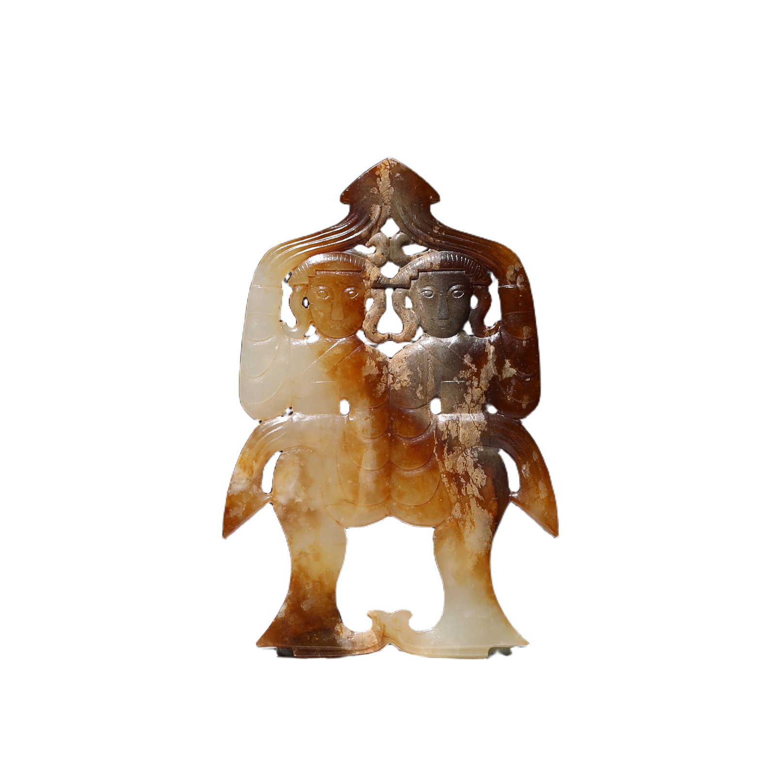 A JADE CARVING OF DANCING MAIDENS GROUP: A JADE CARVING OF DANCING MAIDENS GROUP The standing figures carved to each side, wearing a belt to her long flowing skirts, finely incised with scroll motifs, with one arm held above the head, pierce