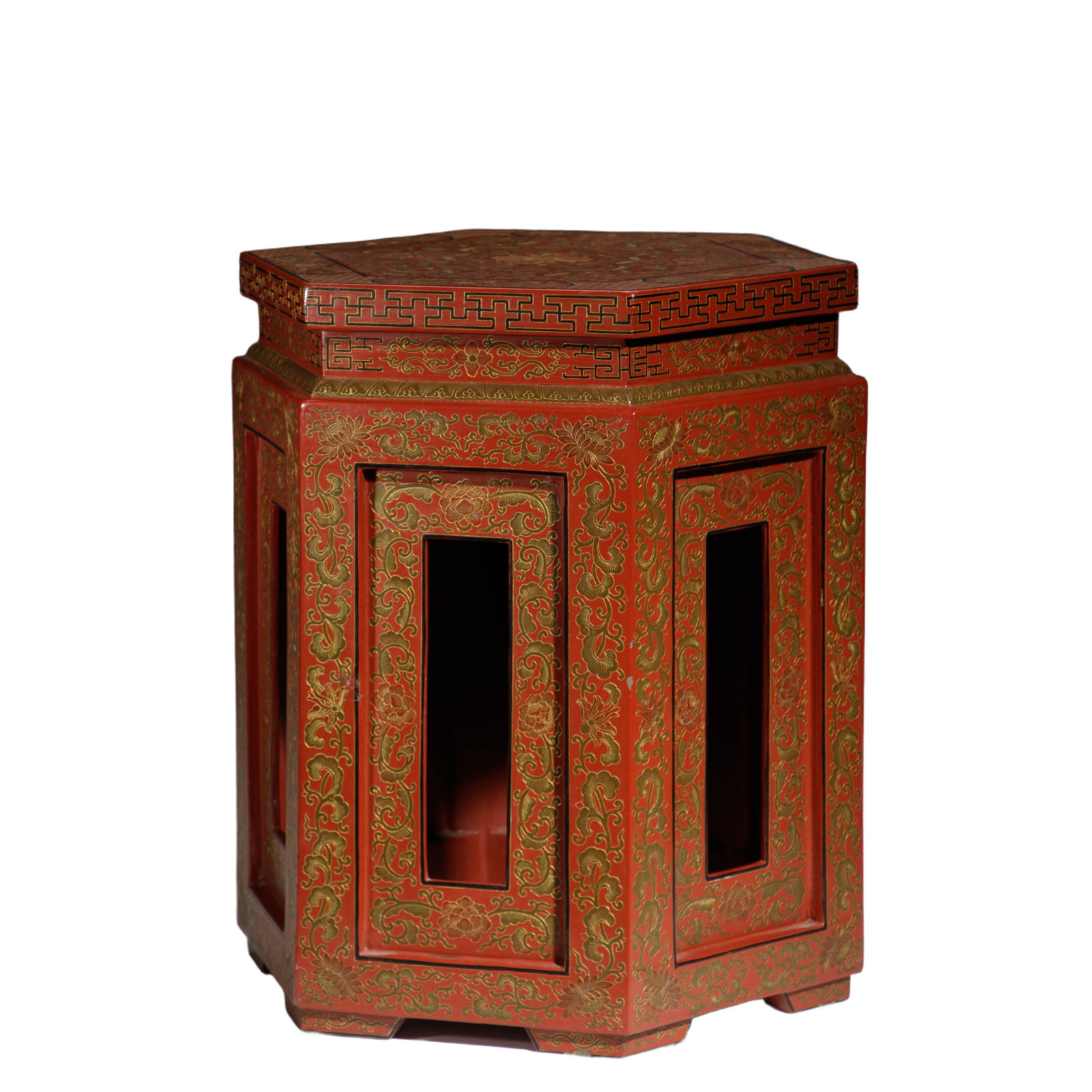 A LACQUER AND GILT HEXAGONAL GARDEN STOOL (1 of 7)
