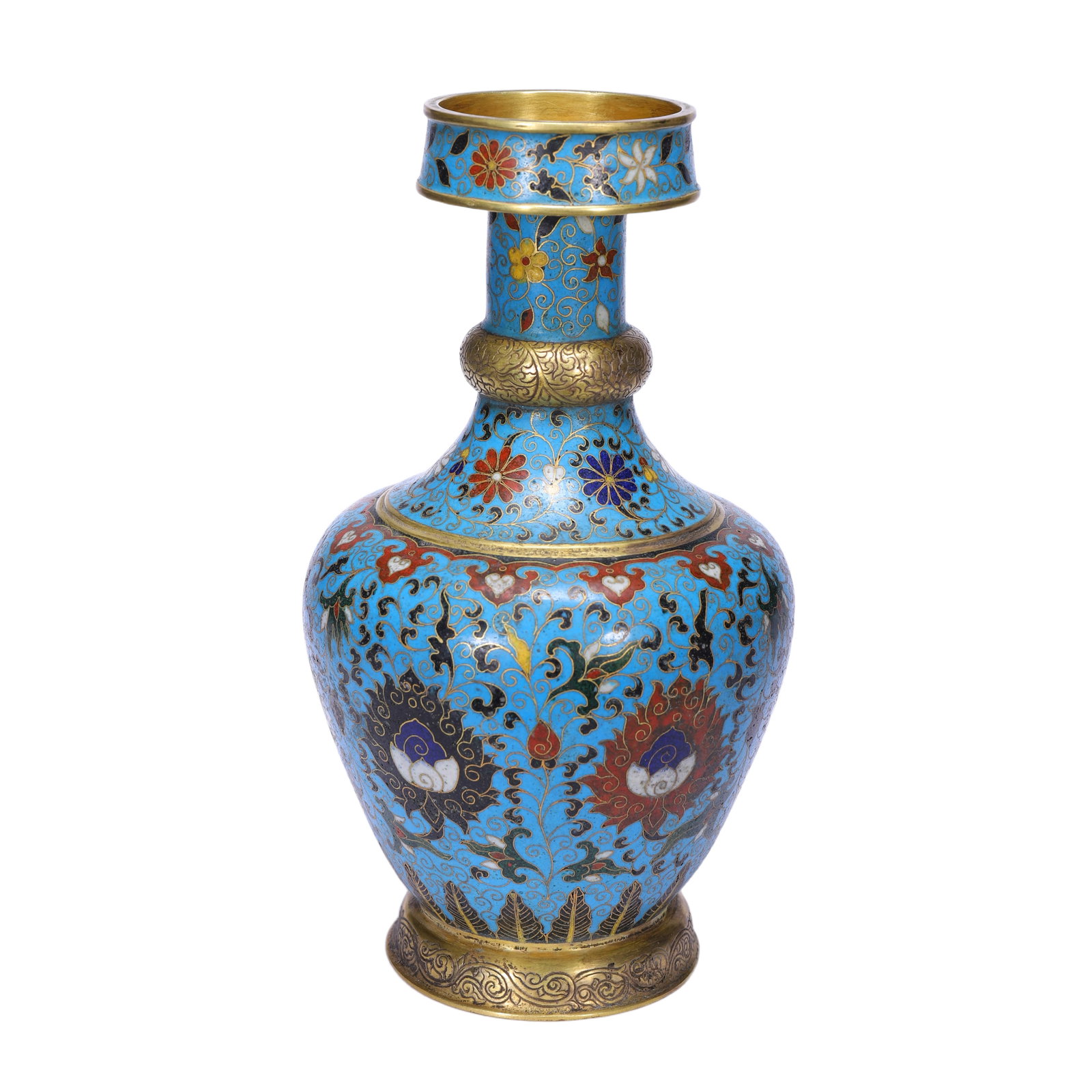 A CLOISONNE ENAMEL LOTUS SCROLLS VASE: A CLOISONNE ENAMEL LOTUS SCROLLS VASE Of baluster shape, decorated with arabesque lotus heads and foliage tendrils against turquoise ground. DIMENSION: L. 13.5 cm. W. 13.5 cm. H. 25 cm. Weight 1270 gr