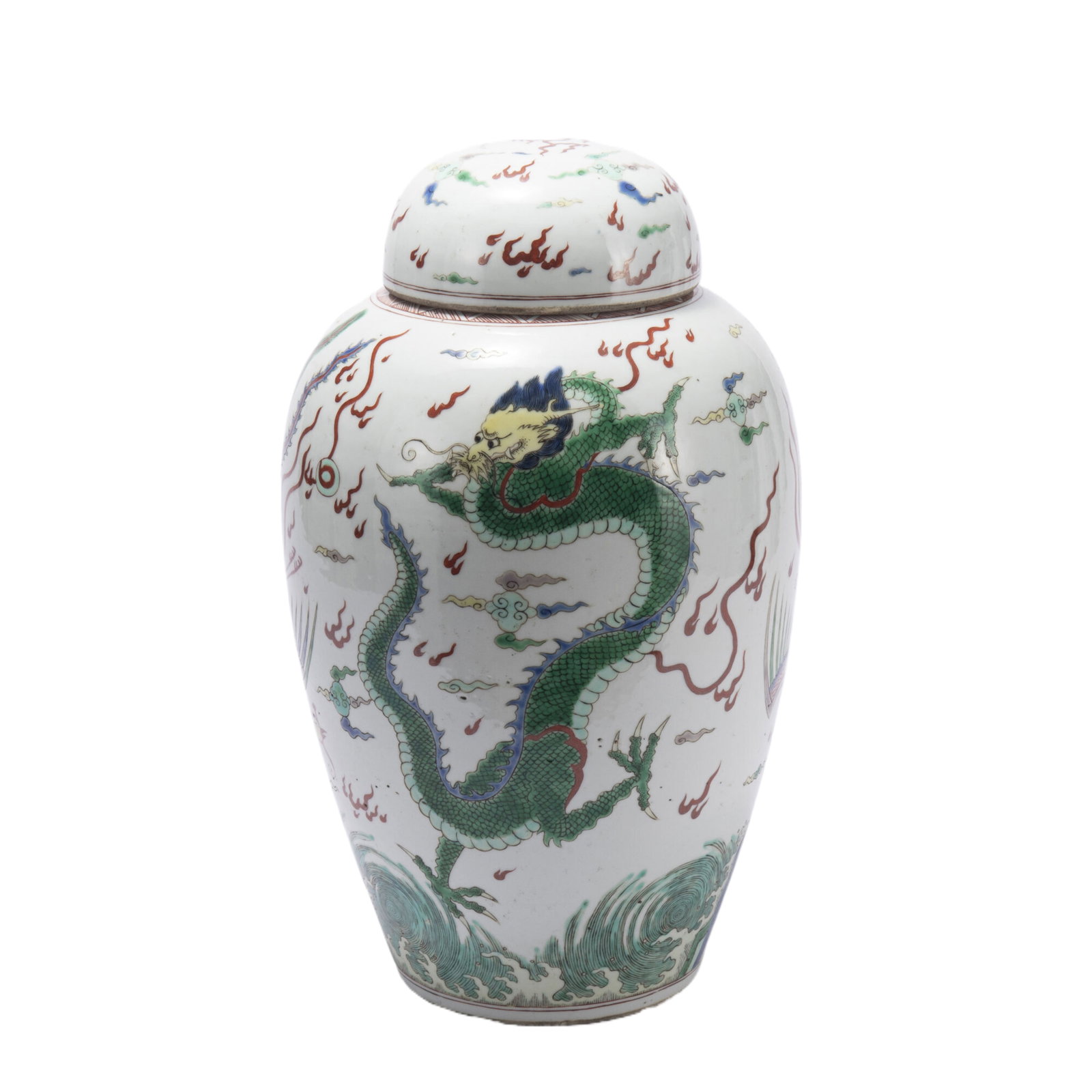 A WUCAI GLAZE DRAGON AND PHOENIX PORCELAIN JAR WITH COVER (1 of 10)