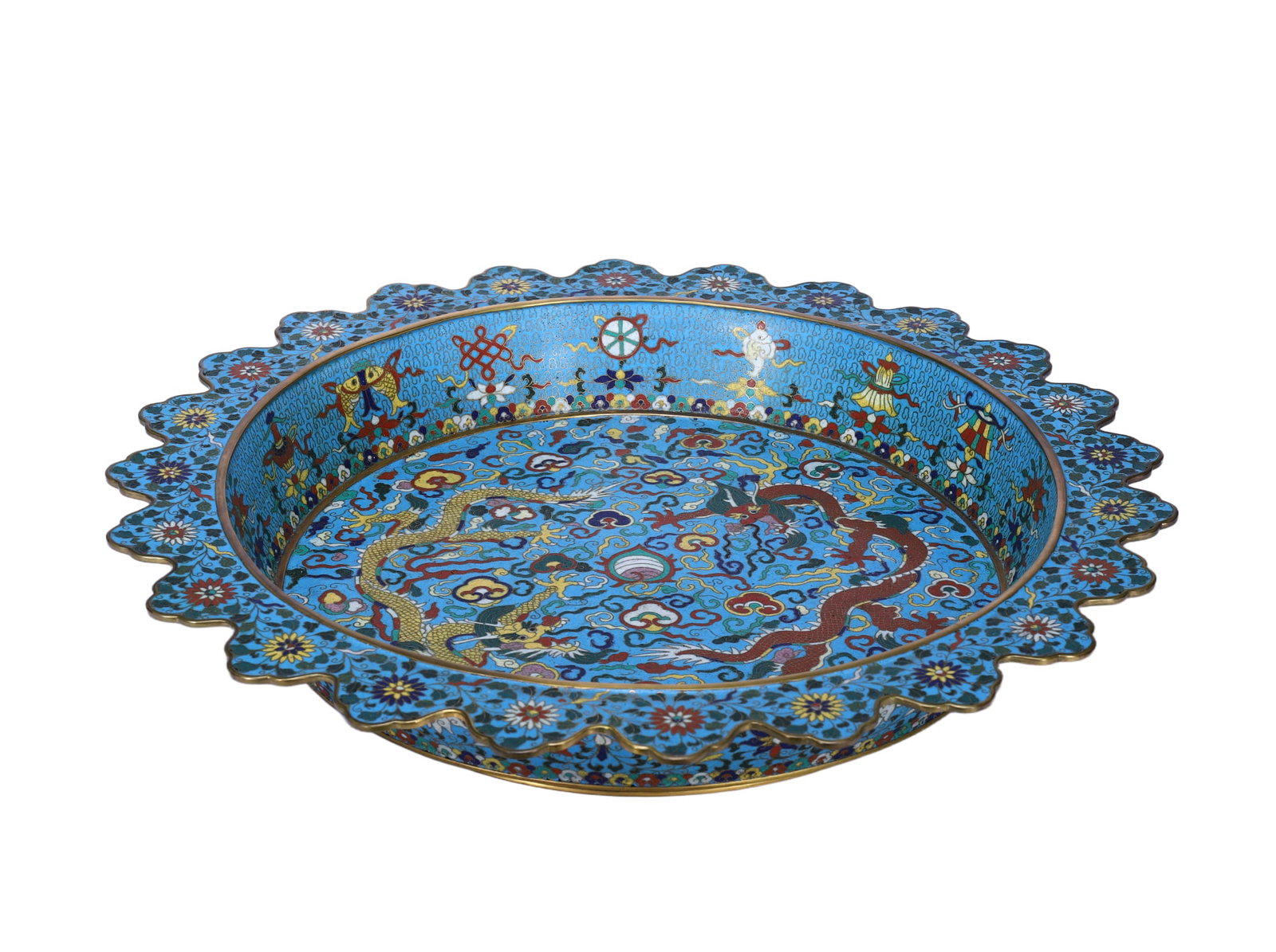 A CLOISONNE ENAMEL DRAGONS BASIN: A CLOISONNE ENAMEL DRAGONS BASIN Interior decorated with five-clawed dragons contesting a flaming pearl, surrounded by Astamangala, the auspicious symbols of Tibetan Buddhism, a conch, a vase of jewel