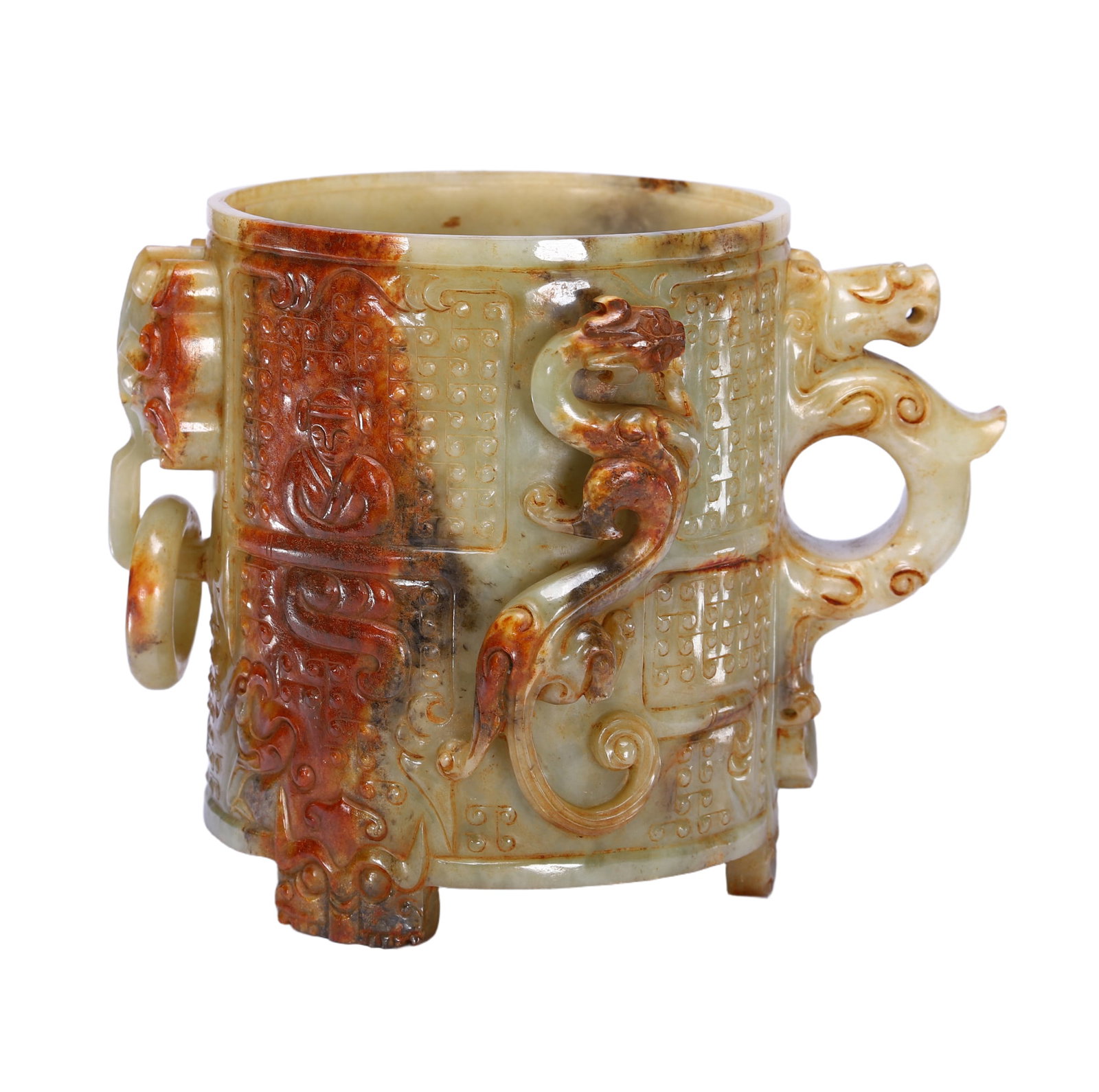 A FINE AND RARE CARVED JADE CHILONG HANDLED CUP (1 of 9)