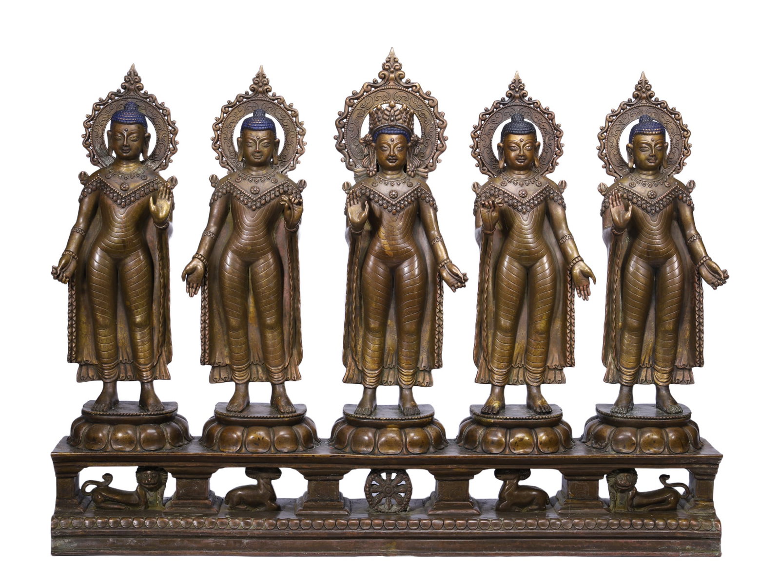 A MAGNIFICENT GROUP OF COPPER ALLOY STANDING BUDDHAS: A MAGNIFICENT GROUP OF COPPER ALLOY STANDING BUDDHAS The present figure of Maitreya and acolytes displays all the finest characteristics of a mature Kashmiri style, in its softness of modeling and gra