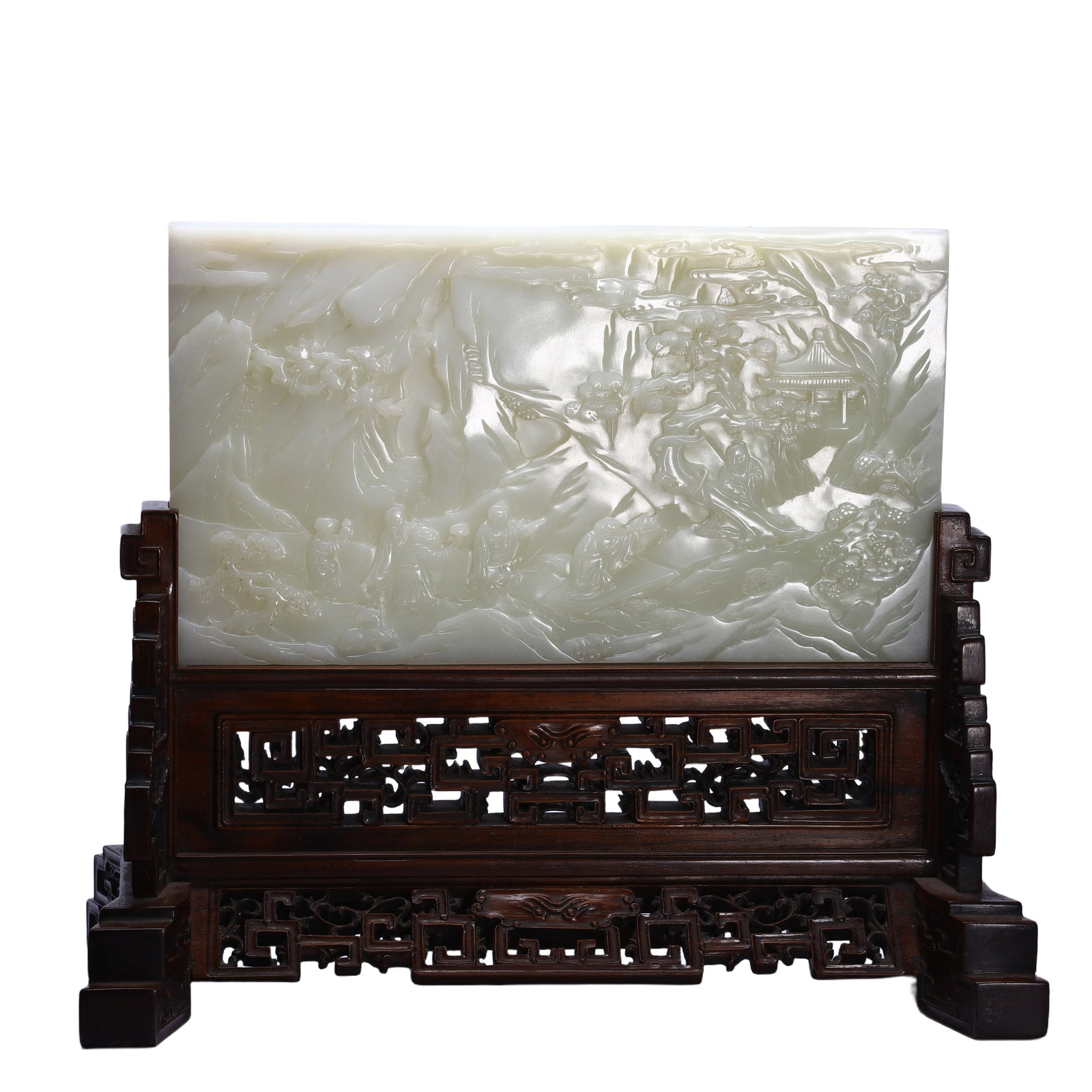 A VERY RARE CARVED WHITE JADE LANDSCAPE TABLE SCREEN: A VERY RARE CARVED WHITE JADE LANDSCAPE TABLE SCREEN Within a carved wooden frame, a white jade panel depicting scholar and follower walking among landscape. DIMENSION: L. 30.5 cm. W. 13.5 cm. H. 25.5