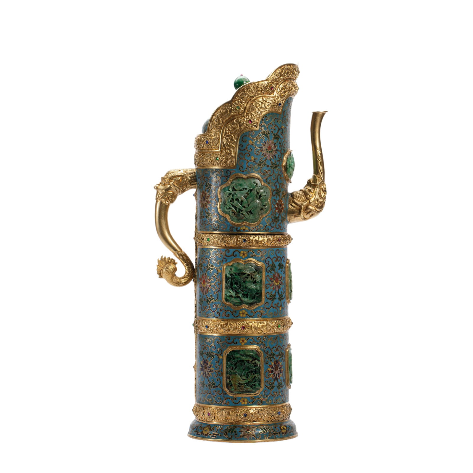 A MAGNIFICENT AND EXTREMELY RARE CLOISONNE ENAMEL TIBETAN EWER AND COVER, DUOMUHU: A MAGNIFICENT AND EXTREMELY RARE CLOISONNE ENAMEL TIBETAN EWER AND COVER, DUOMUHU The cylindrical body divided into four sections by raised bronze-gilt bands embellished with flower-heads, each horizo
