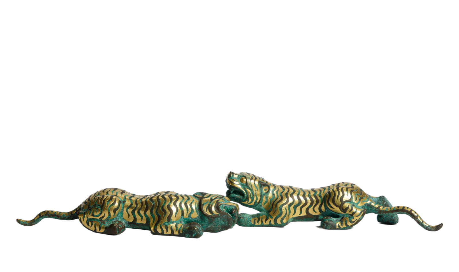 PAIR GOLD INLAID BRONZE TIGER FINIALS: PAIR GOLD INLAID BRONZE TIGER FINIALS Bronze tiger-form fittings of this type were originally used as the finial on top of a bronze drum, chunyu, which served as a musical instrument to give commands 