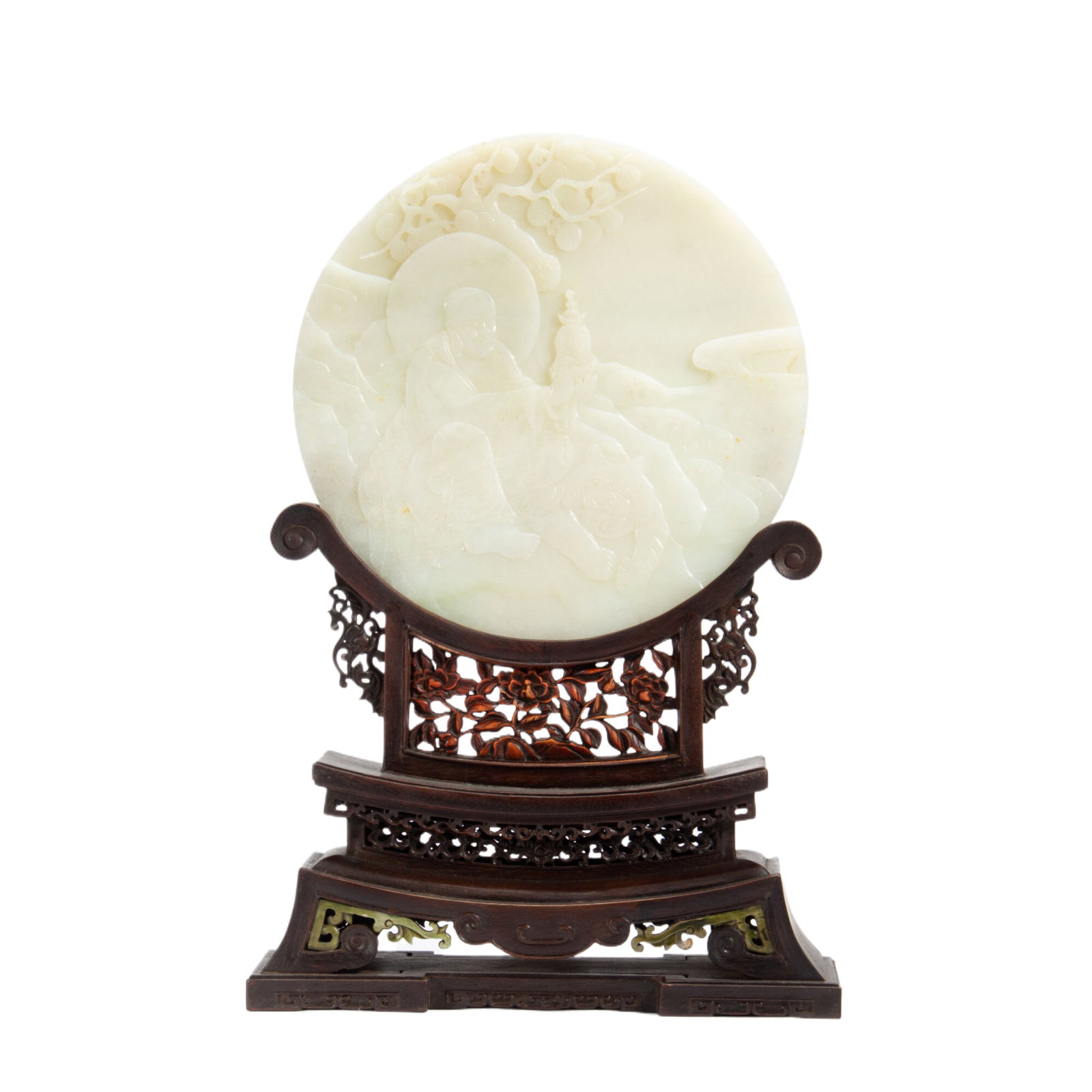 A FINE CARVED WHITE JADE TABLE SCREEN: A FINE CARVED WHITE JADE TABLE SCREEN Within a carved wooden frame, a carved circular white jade panel depicting luohan among landscape. DIMENSION: L. 24 cm. W. 9 cm. H. 36 cm. Weight 1910 grams. A LI