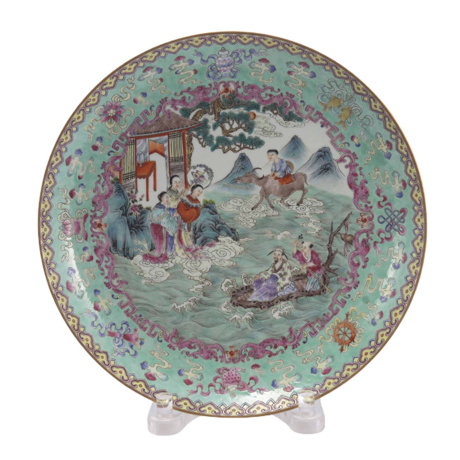 A CHINESE FAMILLE ROSE FIGURAL STORY DISH: A CHINESE FAMILLE ROSE FIGURAL STORY DISH The plate is rich in colors and finely painted. Interior painted with eight immortals in river bank, surrounded with eight treasures in vibrant color. DIMENSI