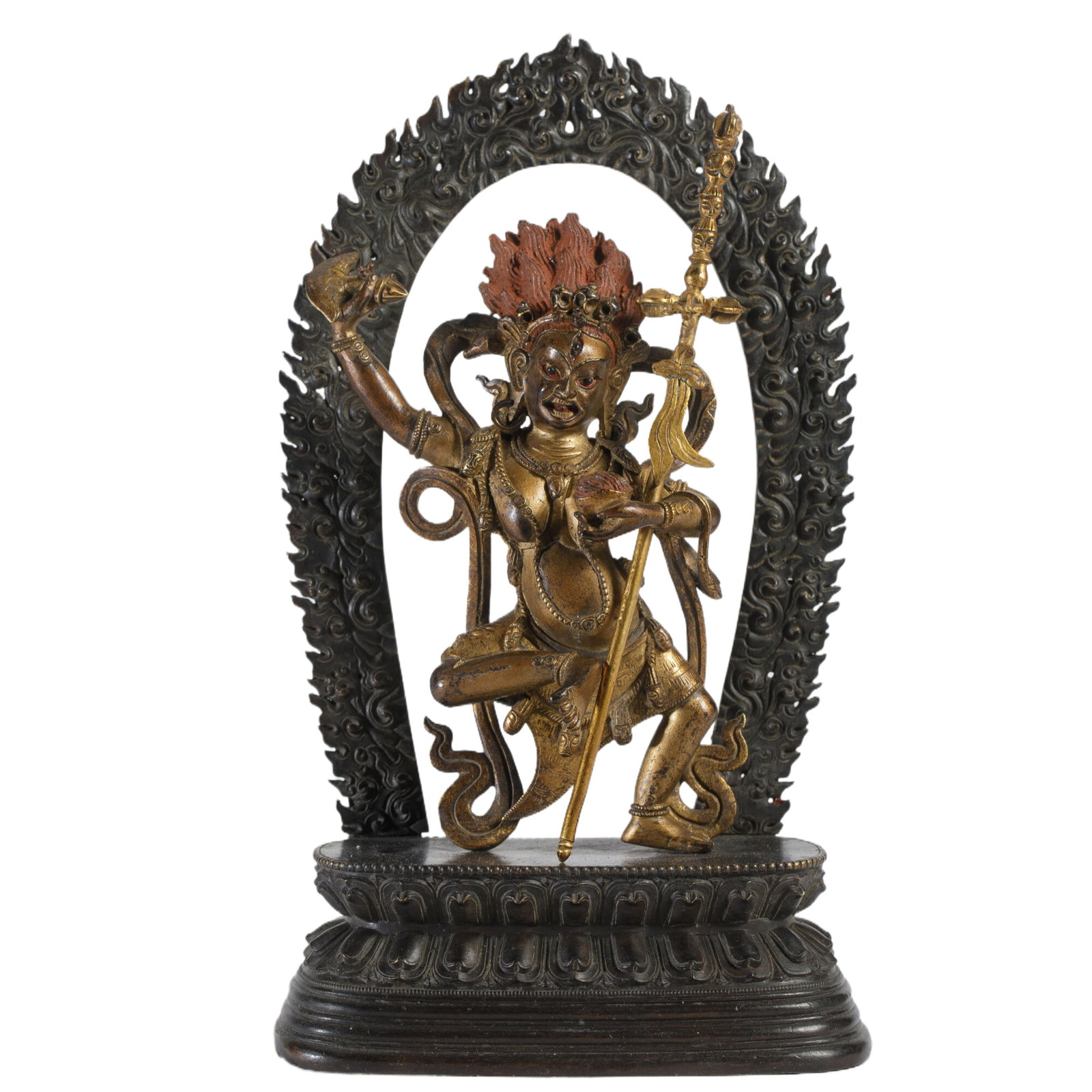 A BRONZE-GILT DAKINI WITH ROSEWOOD SHRINE: A BRONZE-GILT DAKINI WITH ROSEWOOD SHRINE Dancing on her left leg holding a ghanta and drum aloft, wearing a beaded pendant skirt, billowing sash and beaded jewelry, her hair in a conical chignon secu