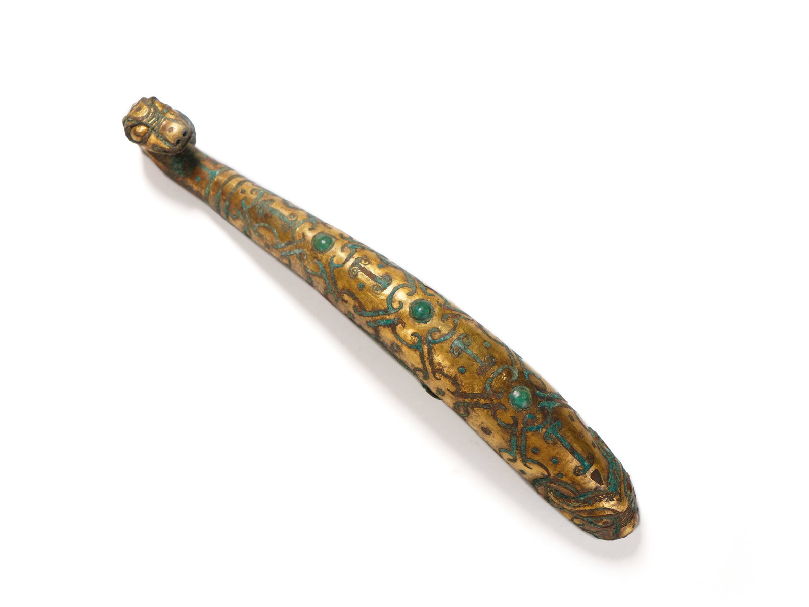 A FINE HARDSTONES DECORATED GOLD INLAID BRONZE BELTHOOK (1 of 9)