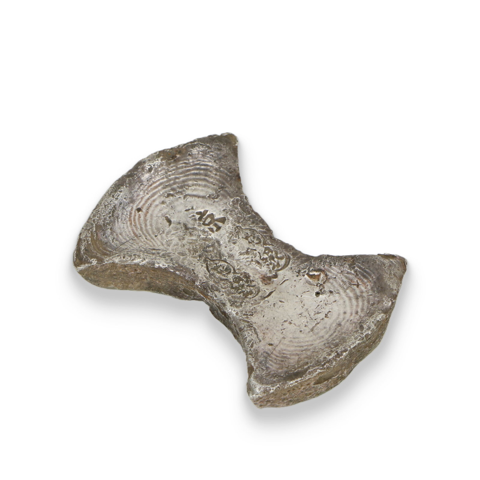 A CHINESE SILVER INGOT: A CHINESE SILVER INGOT Of 'boat' shape, the sides waisted in the center and flaring upwards to a high arch at the ends, abrasion at the surface. DIMENSION: WEIGHT: 364cm A LIST OF RECOMMENDED THIRD-PA