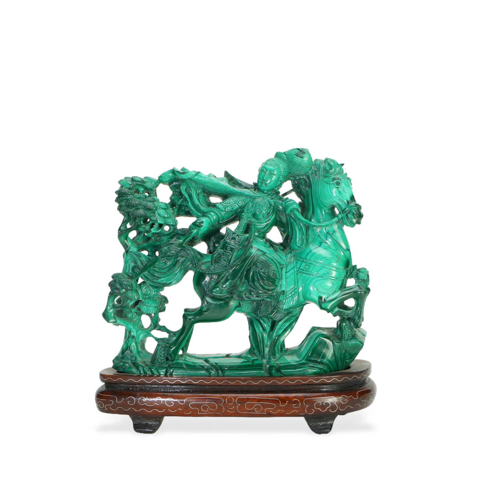 A CARVED MALACHITE WARRIOR MULAN ON HORSE: A CARVED MALACHITE WARRIORMULAN ON HORSE The stone is of natural color bands, fitted in carved wooden stand. DIMENSION: HEIGHT: 17.8cm WIDE: 16.2cm A LIST OF RECOMMENDED THIRD-PARTY SHIPPER IS AVAILAB