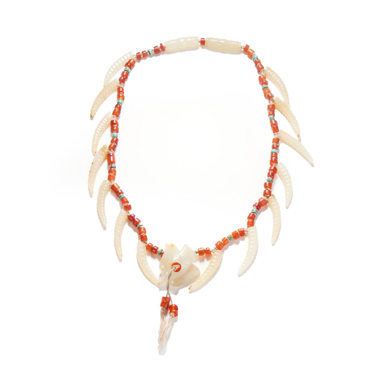 A FINE WHITE JADE AND AGATE NECKLACE: A FINE WHITE JADE AND AGATE NECKLACE Hanging with carved white jade silk worm pendants. DIMENSION: DIAM: 32cm SIZE VARIES A LIST OF RECOMMENDED THIRD-PARTY SHIPPER IS AVAILABLE UNDER SHIPPING INFORMAT