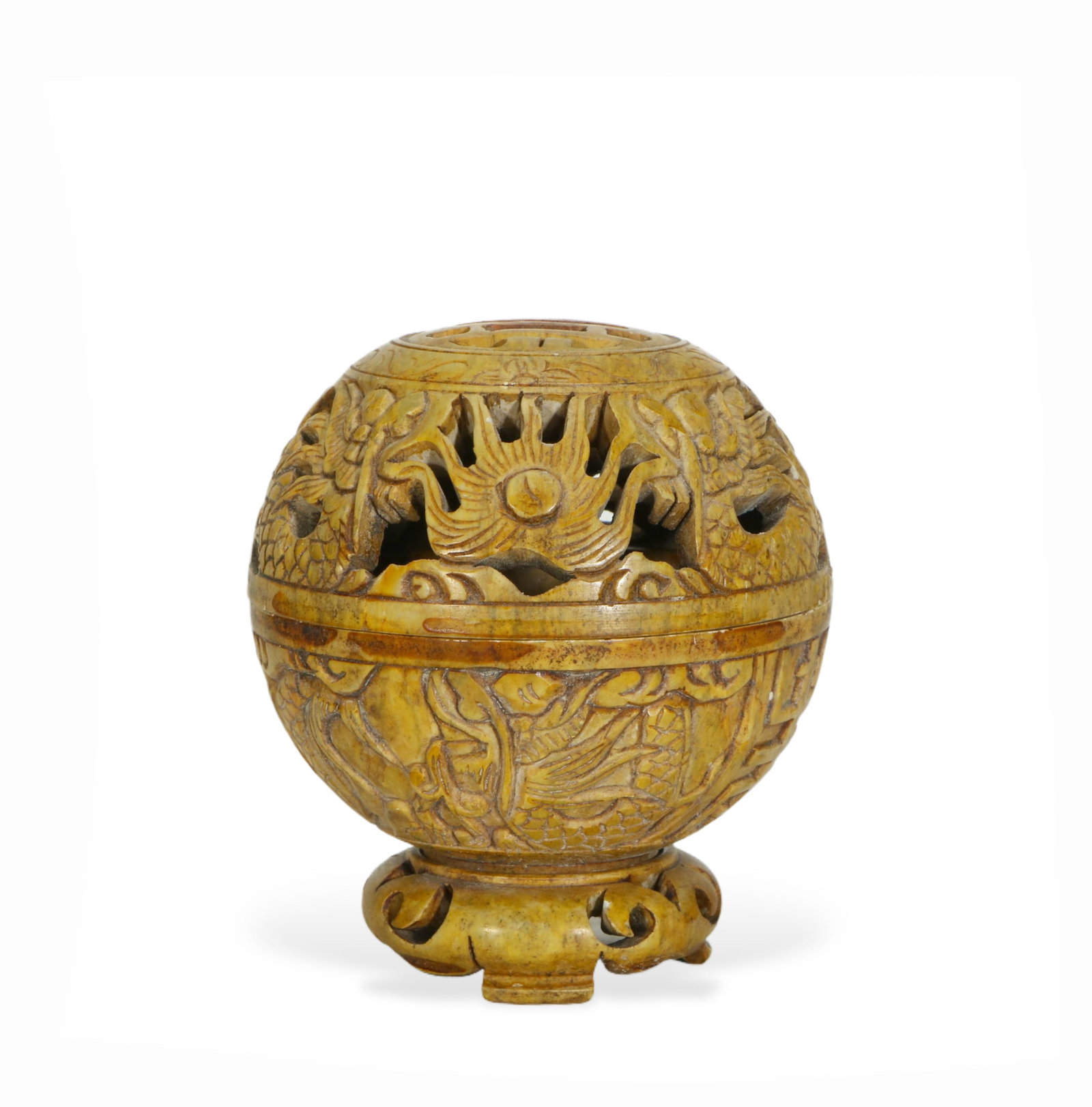 A CARVED SHOUSHAN INCENSE BURNER WITH COVER: A CARVED SHOUSHAN INCENSE BURNER WITH COVER Of globular shape, carved dragons chasing flaming pearl at the exterior, surmounted with dome cover. DIMENSION: HEIGHT: 9cm WIDE: 9cm A LIST OF RECOMMENDED 