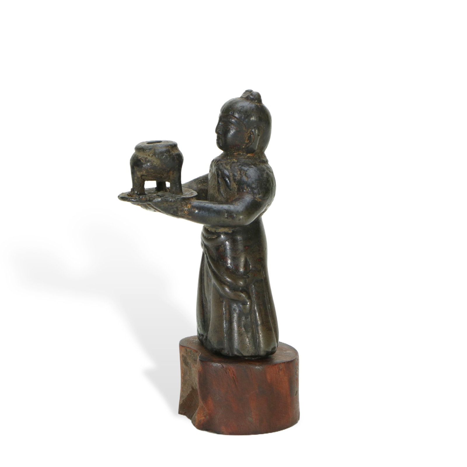 A BRONZE FIGURAL INCENSE HOLDER: A BRONZE FIGURAL INCENSE HOLDER The human figure holding a incense burner in hands. DIMENSION: HEIGHT: 9cm WIDE: 3.8cm A LIST OF RECOMMENDED THIRD-PARTY SHIPPER IS AVAILABLE UNDER SHIPPING INFORMATION